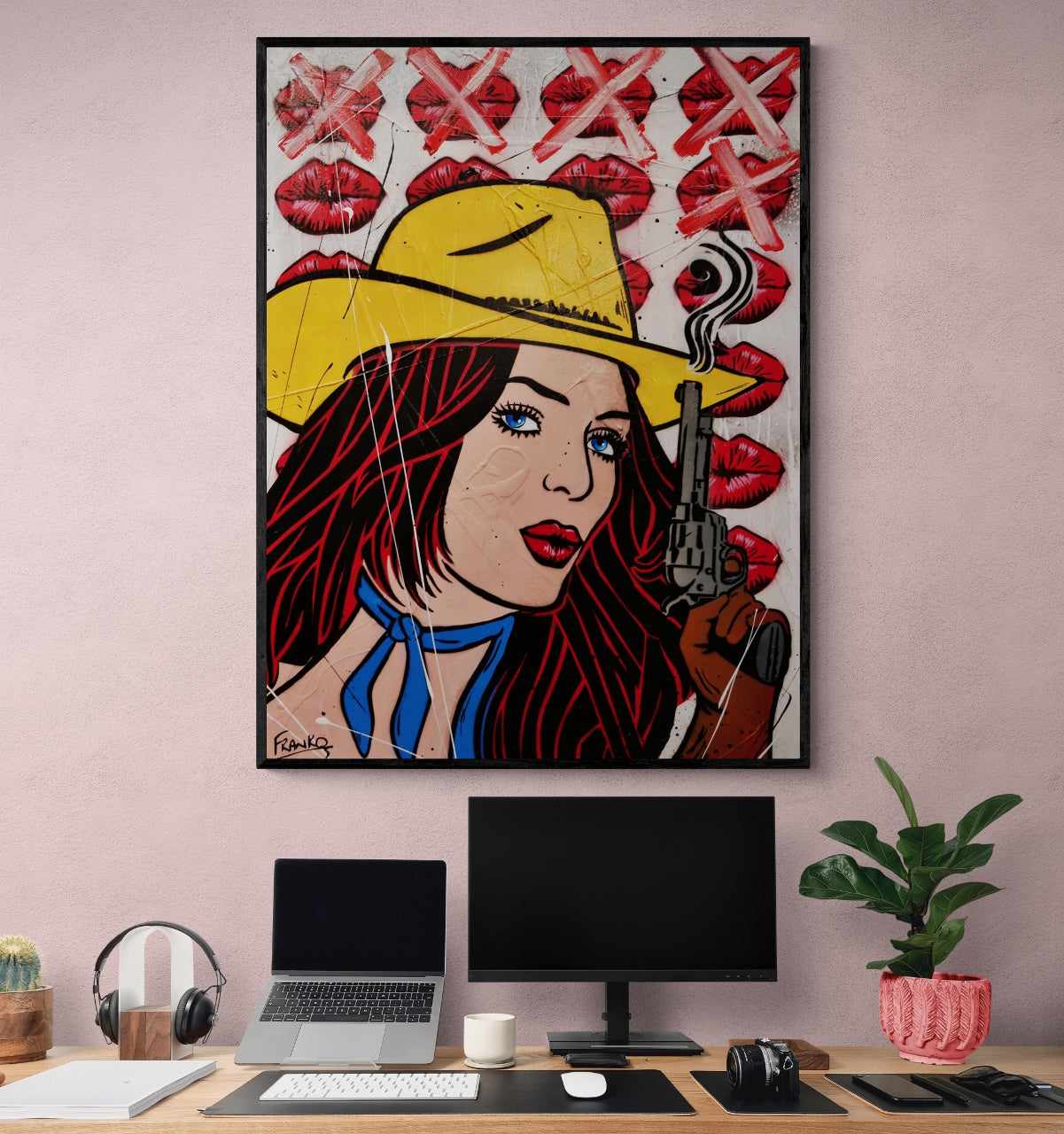 Pucker Up Cowboy 75cm x 100cm Cowgirl Textured Urban Pop Art Painting-Urban Pop Art-Franko-[franko_artist]-[Art]-[interior_design]-Franklin Art Studio