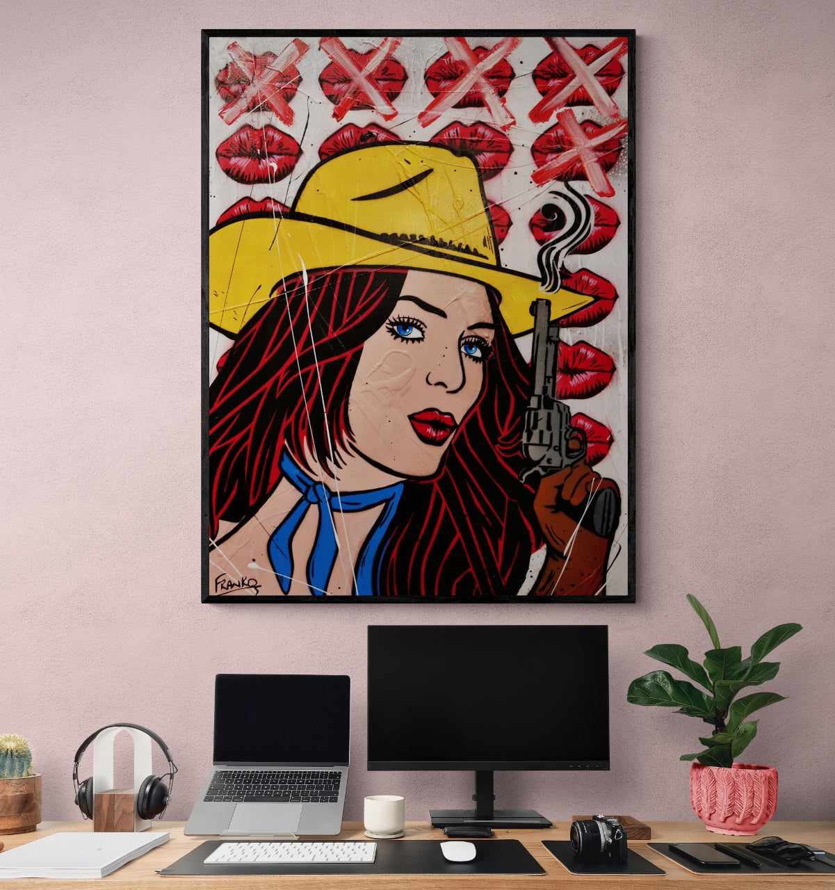 Pucker Up Cowboy 75cm x 100cm Cowgirl Textured Urban Pop Art Painting-Urban Pop Art-[Franko Artist]-[Gold Coast]-[Brisbane]-[Huge]-Franklin Art Studio