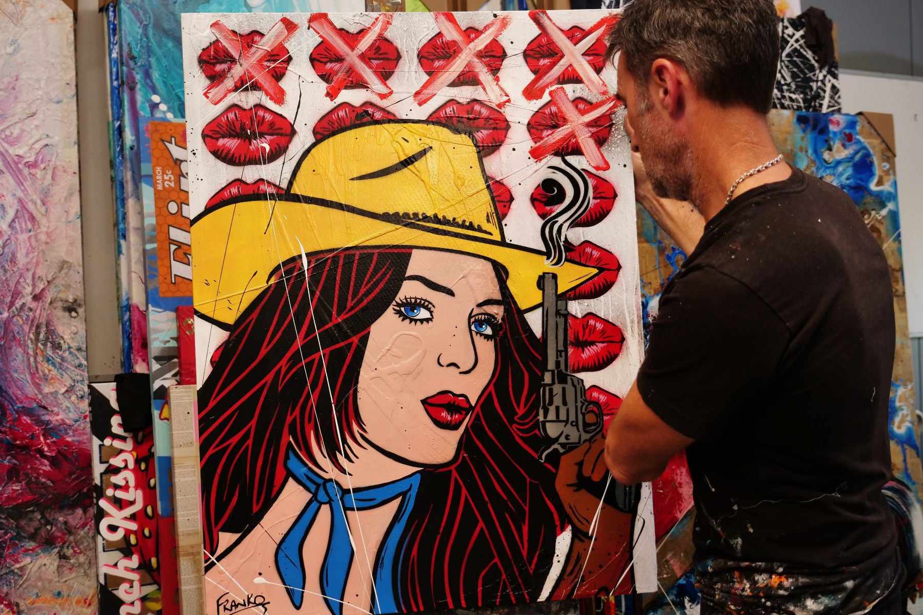 Pucker Up Cowboy 75cm x 100cm Cowgirl Textured Urban Pop Art Painting-Urban Pop Art-[Franko Artist]-[Cheryl]-[Wendy]-[Gabriela]-Franklin Art Studio