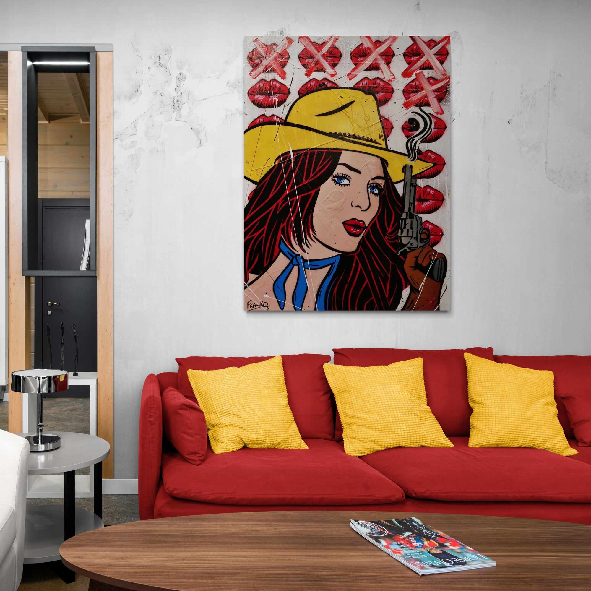 Pucker Up Cowboy 75cm x 100cm Cowgirl Textured Urban Pop Art Painting-Urban Pop Art-Franko-[Franko]-[huge_art]-[Australia]-Franklin Art Studio