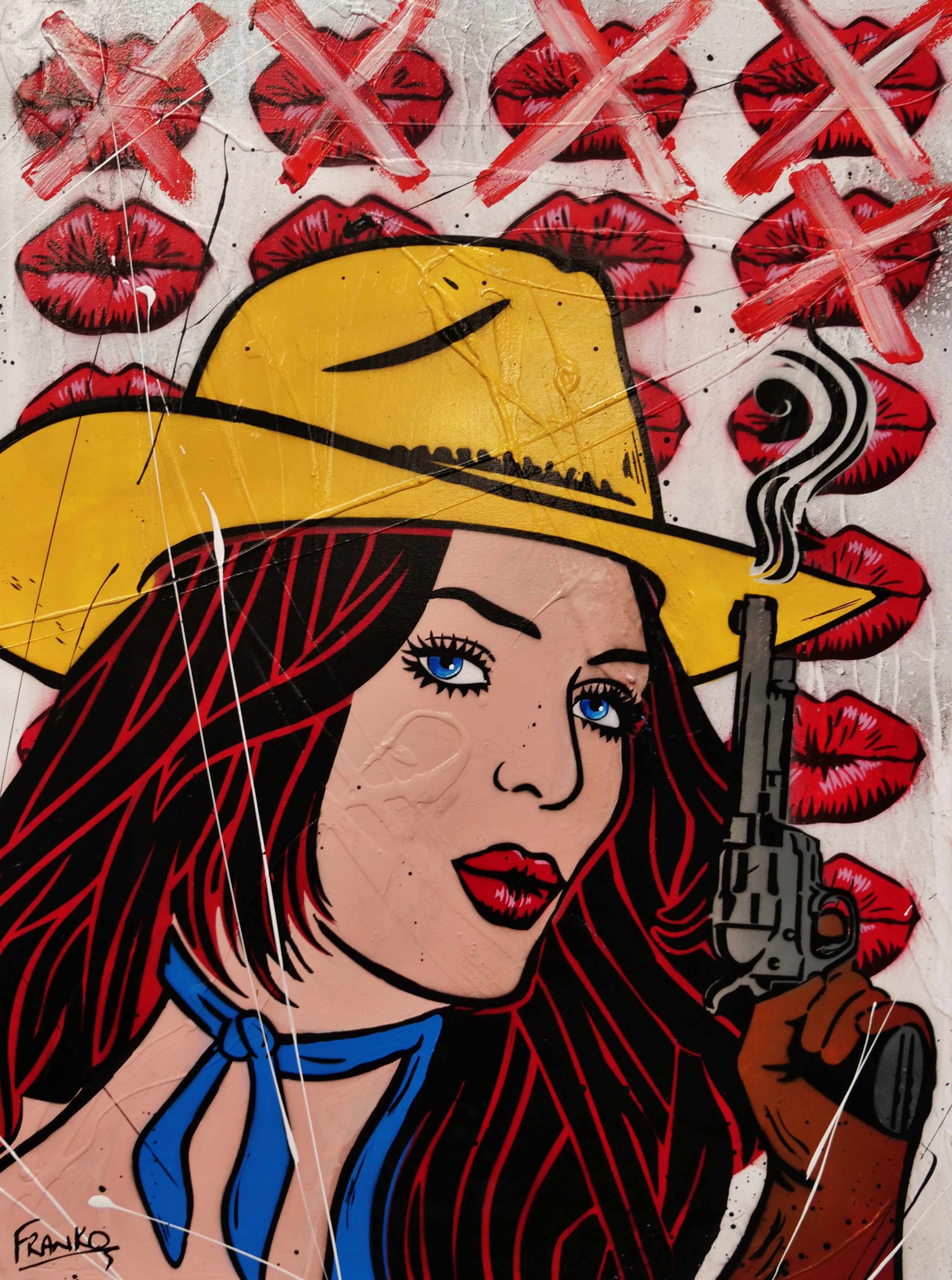 Pucker Up Cowboy 75cm x 100cm Cowgirl Textured Urban Pop Art Painting-Urban Pop Art-Franko-[Franko]-[Australia_Art]-[Art_Lovers_Australia]-Franklin Art Studio
