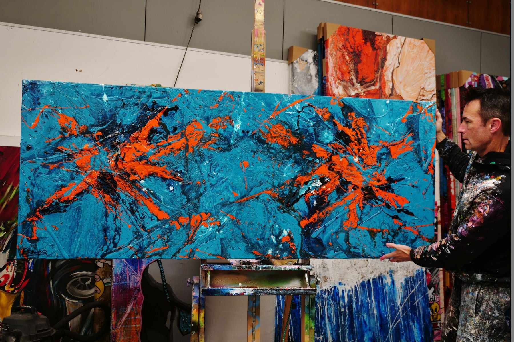 Pumpkin Orange Rush 200cm x 80cm Blue Orange Textured Abstract Painting (SOLD)-Abstract-Franko-[franko_artist]-[Art]-[interior_design]-Franklin Art Studio