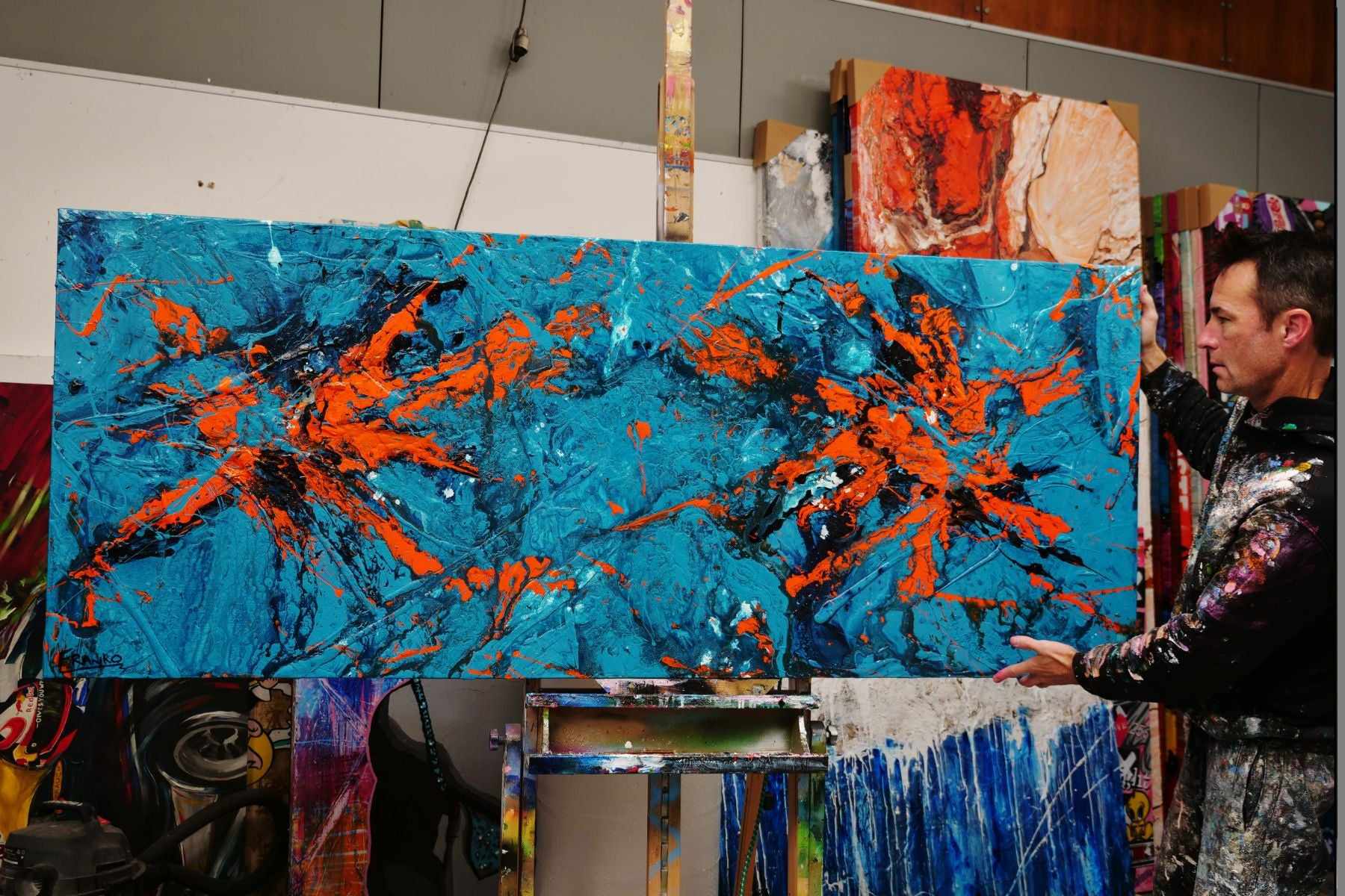 Pumpkin Orange Rush 200cm x 80cm Blue Orange Textured Abstract Painting (SOLD)-Abstract-[Franko Artist]-[Gold Coast]-[Brisbane]-[Huge]-Franklin Art Studio