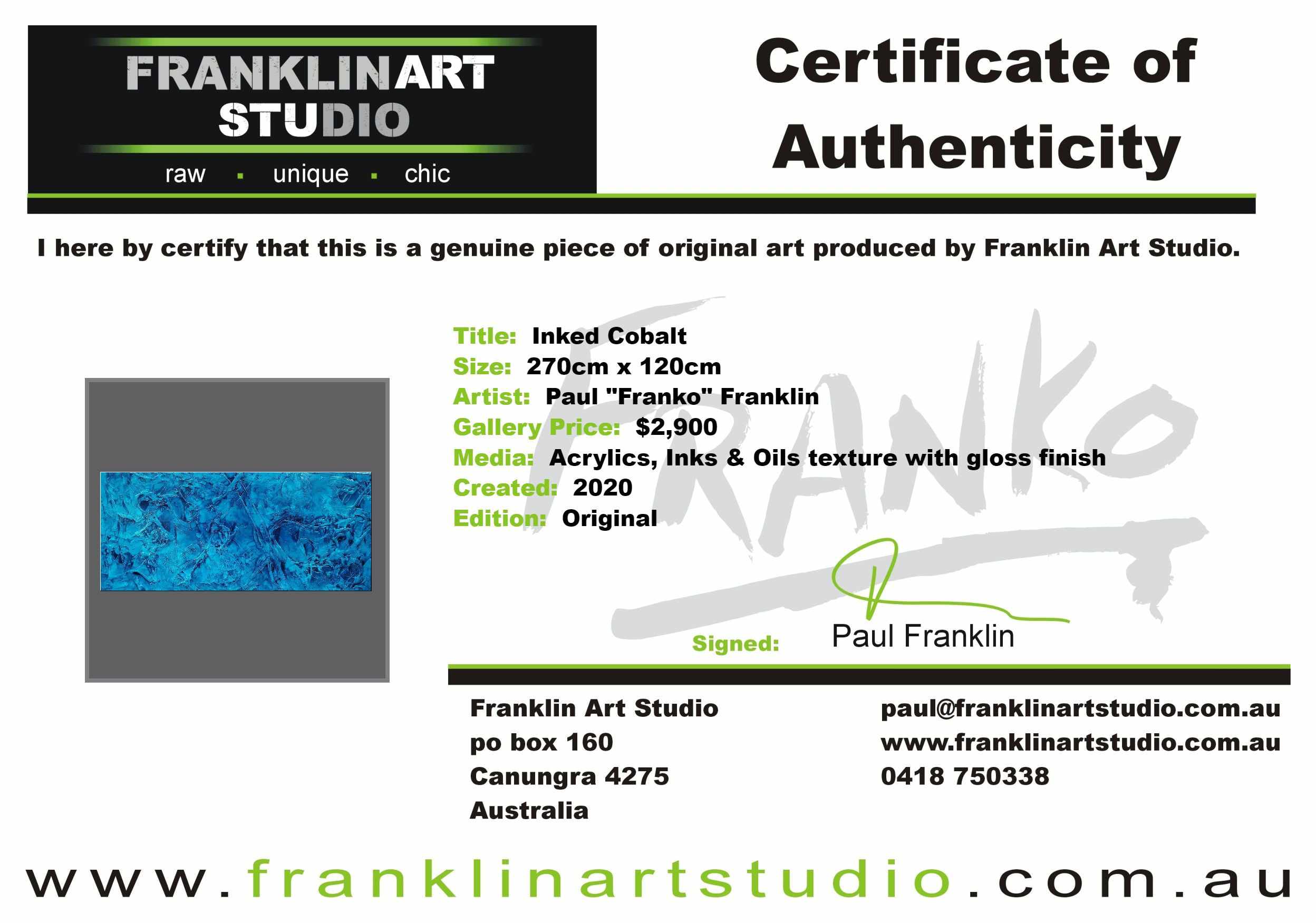Pure Cobalt Ink 270cm x 120cm Blue Cobalt Ink Textured Abstract Painting (SOLD)-Abstract-Franko-[franko_art]-[beautiful_Art]-[The_Block]-Franklin Art Studio