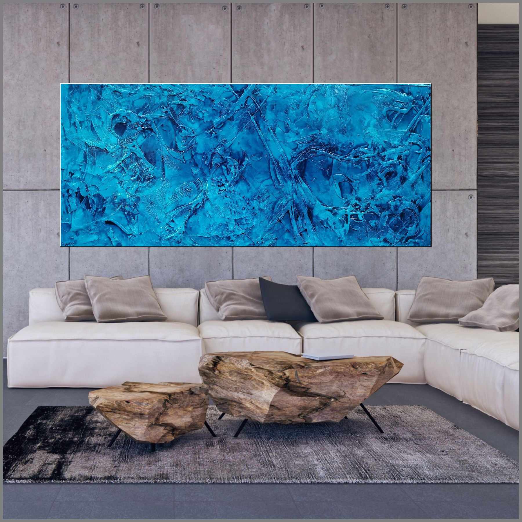Pure Cobalt Ink 270cm x 120cm Blue Cobalt Ink Textured Abstract Painting (SOLD)-Abstract-Franko-[Franko]-[huge_art]-[Australia]-Franklin Art Studio
