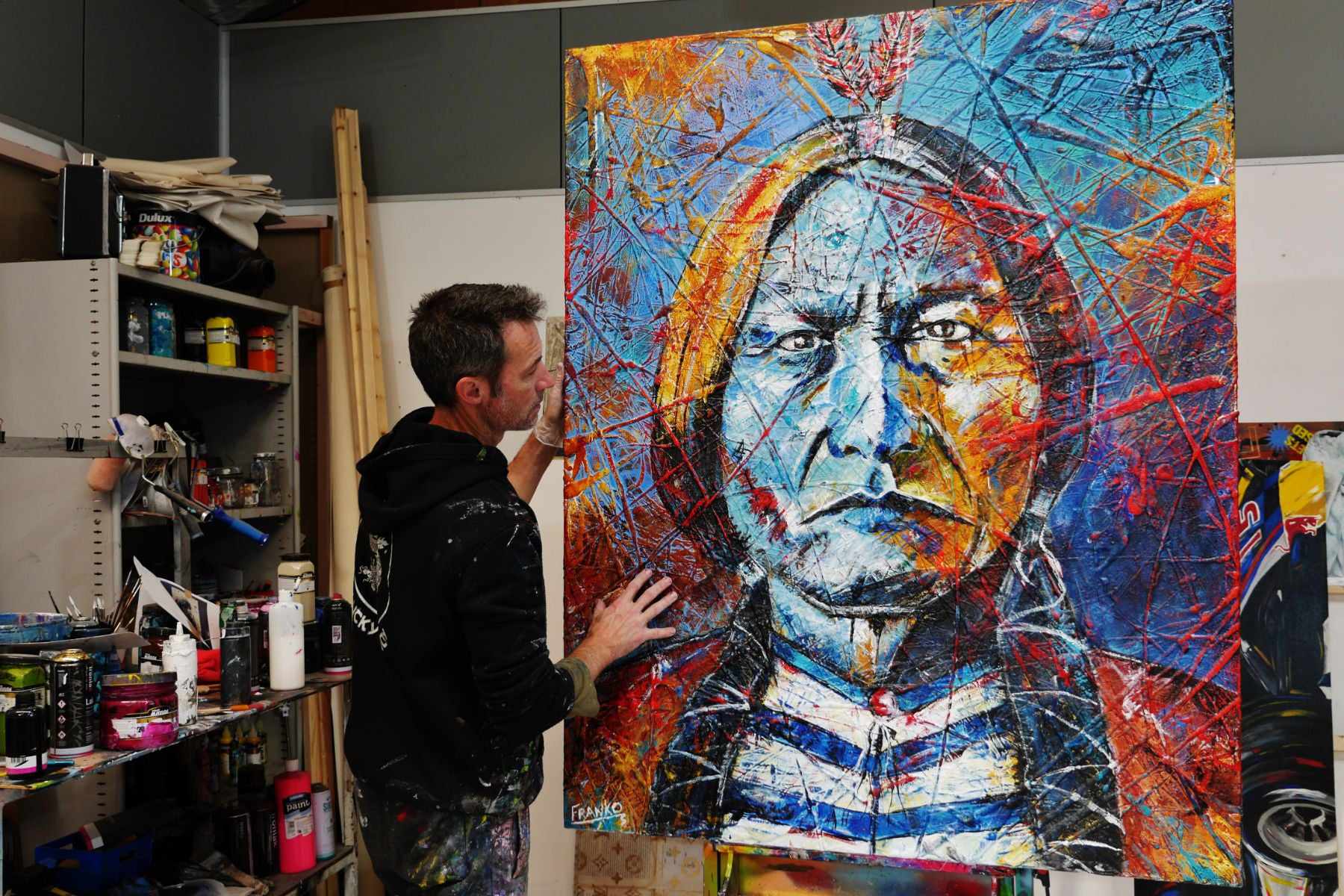 Raging Bull 120cm x 150cm Sitting Bull Indian Chief Abstract Realism Urban Pop Painting (SOLD)-people-Franko-[franko_art]-[beautiful_Art]-[The_Block]-Franklin Art Studio