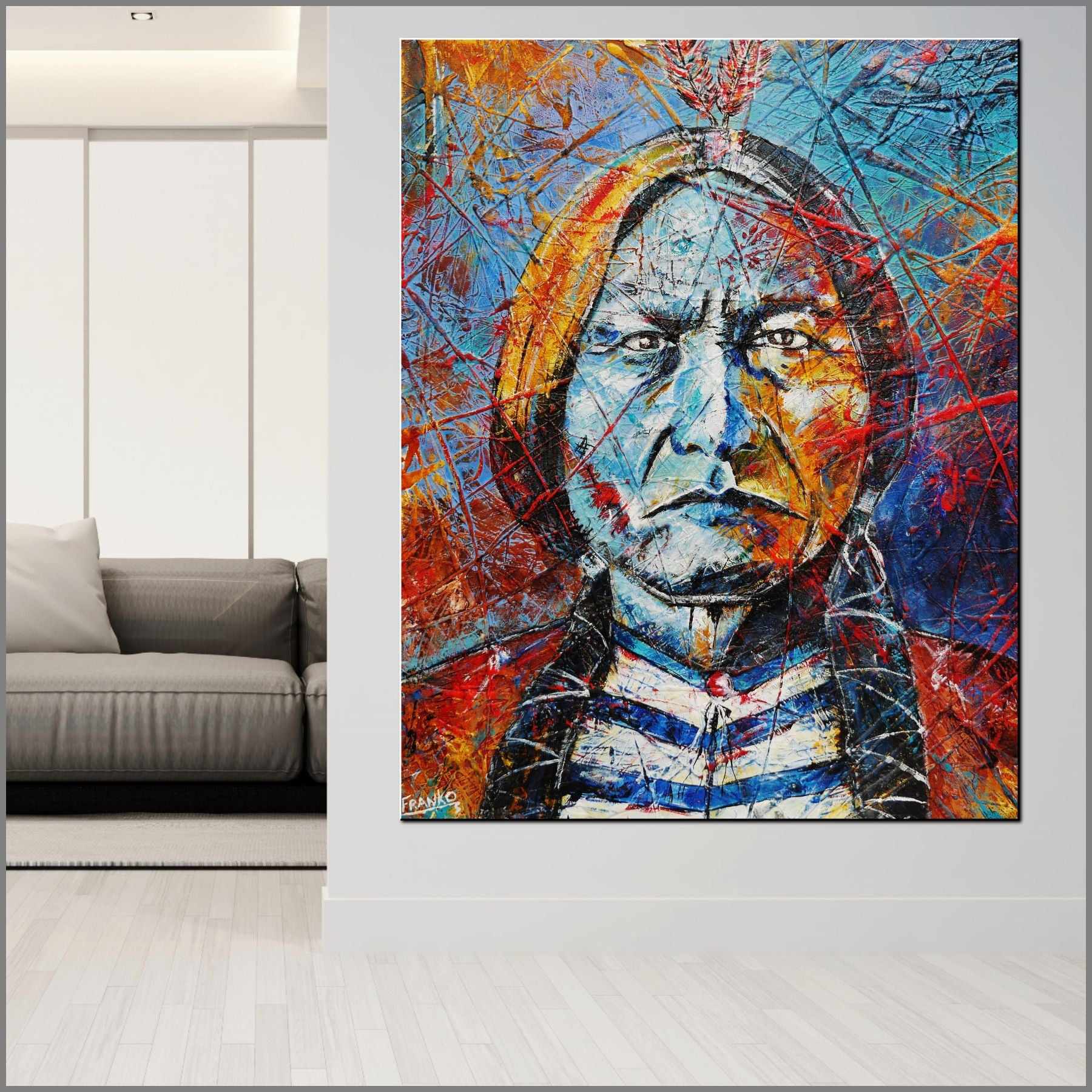 Raging Bull 120cm x 150cm Sitting Bull Indian Chief Abstract Realism Urban Pop Painting (SOLD)-people-Franko-[huge]-[Australian]-[best Selling]-Franklin Art Studio