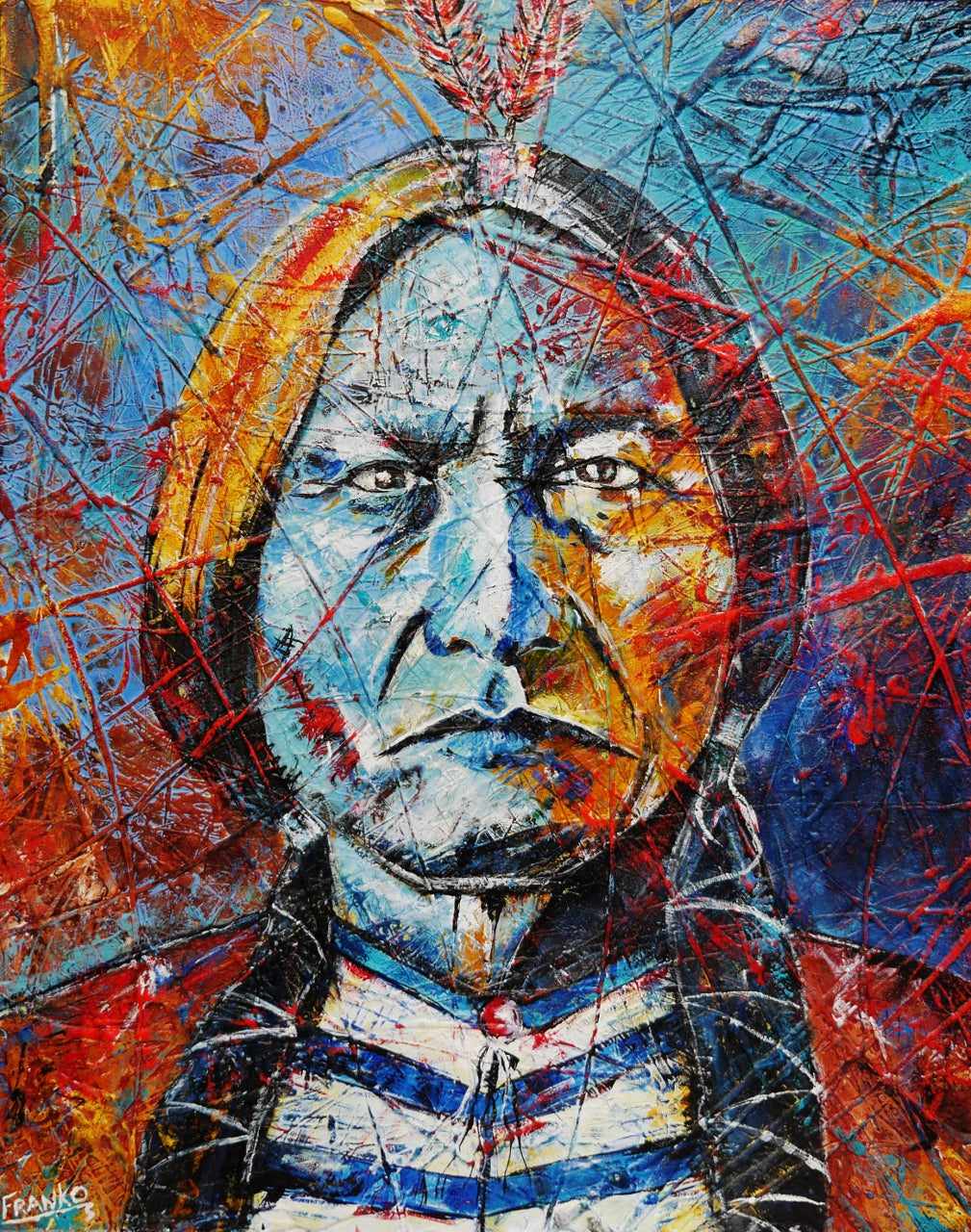 Raging Bull 120cm x 150cm Sitting Bull Indian Chief Abstract Realism Urban Pop Painting (SOLD)-people-[Franko ]-[Gallery]-[popular]-[Australia]-Franklin Art Studio