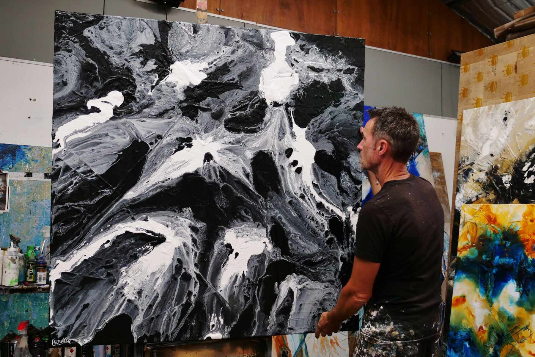 Ravishing Slate 130cm x 130cm Black Grey White Textured Abstract Painting-Abstract-Franko-[franko_artist]-[Art]-[interior_design]-Franklin Art Studio