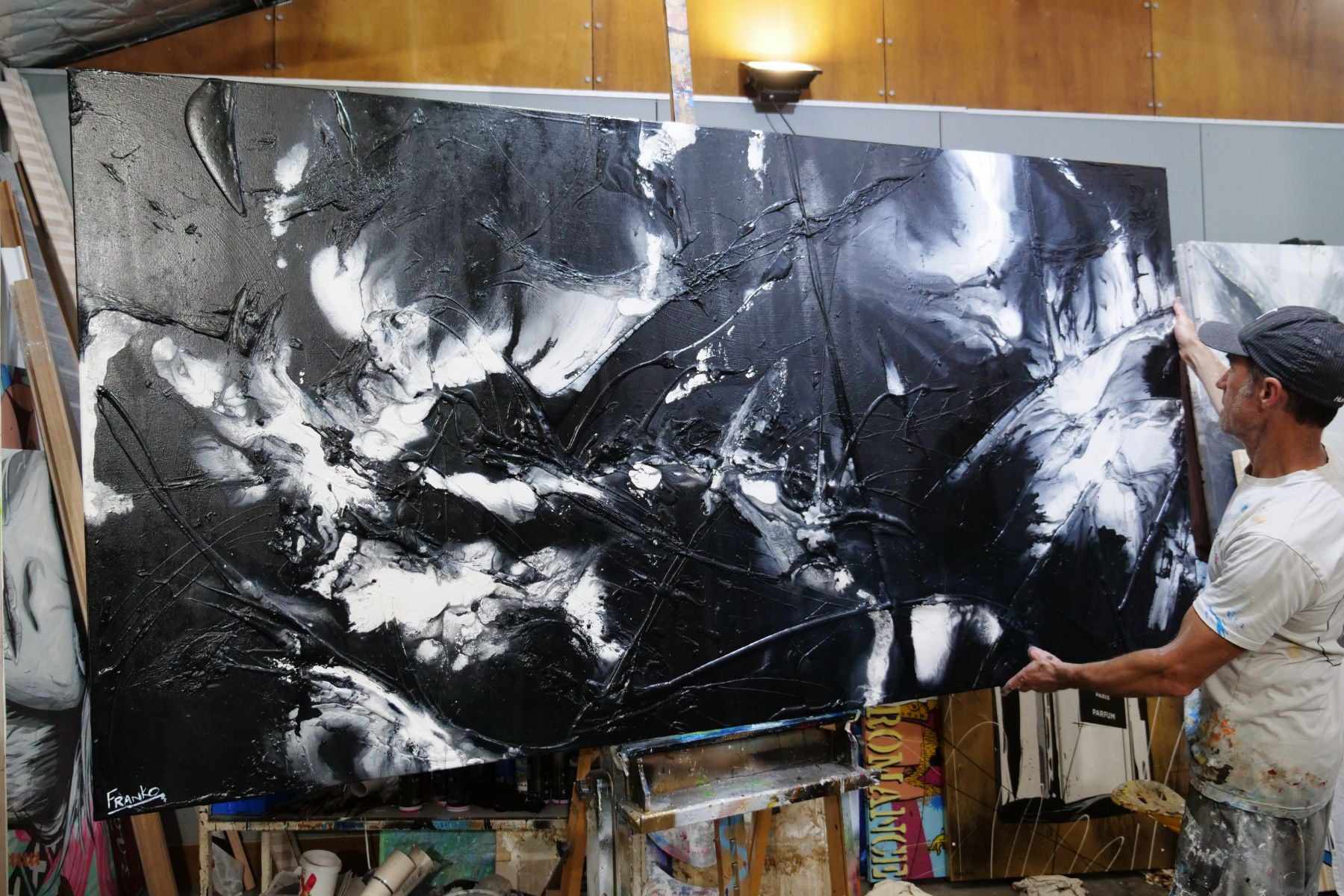 Raw Black Ice 240cm x 120cm Black White Textured Abstract Painting (SOLD)-Abstract-Franko-[franko_art]-[beautiful_Art]-[The_Block]-Franklin Art Studio