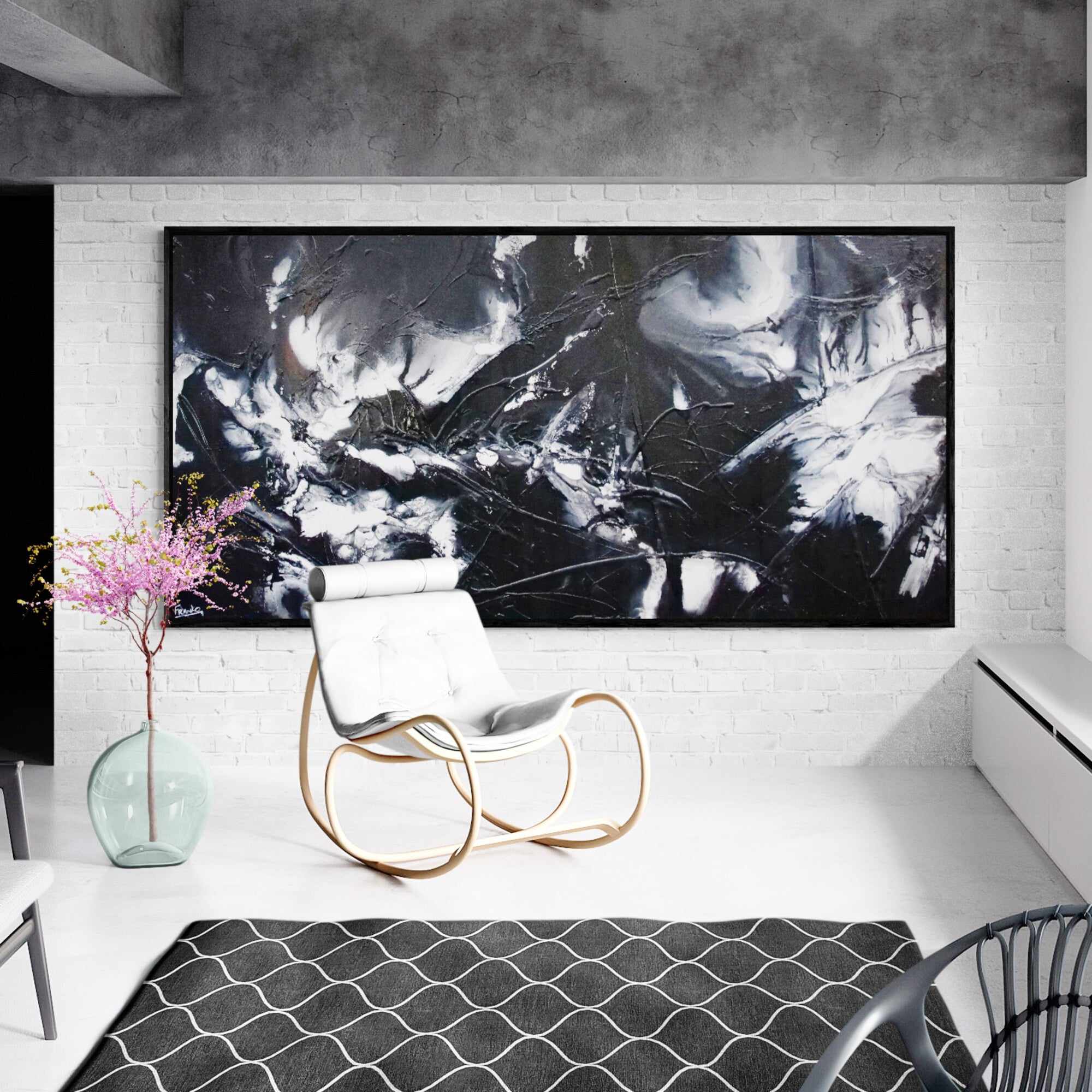 Raw Black Ice 240cm x 120cm Black White Textured Abstract Painting (SOLD)