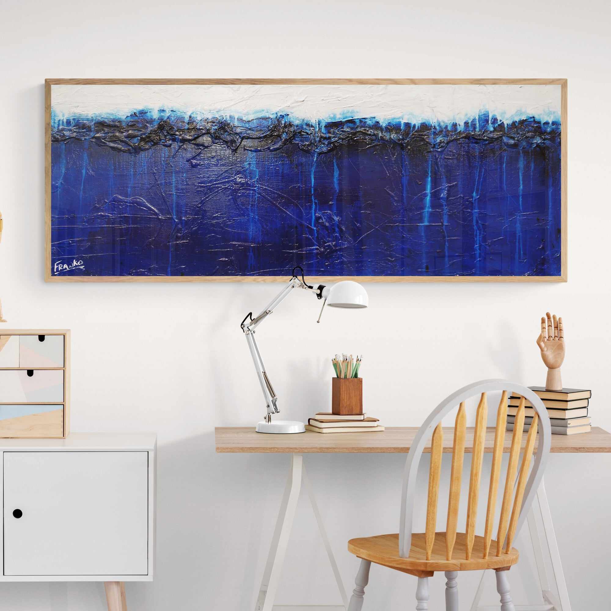 Raw Blue Jazz 160cm x 60cm Blue White Textured Abstract Painting-Abstract-Franko-[franko_artist]-[Art]-[interior_design]-Franklin Art Studio