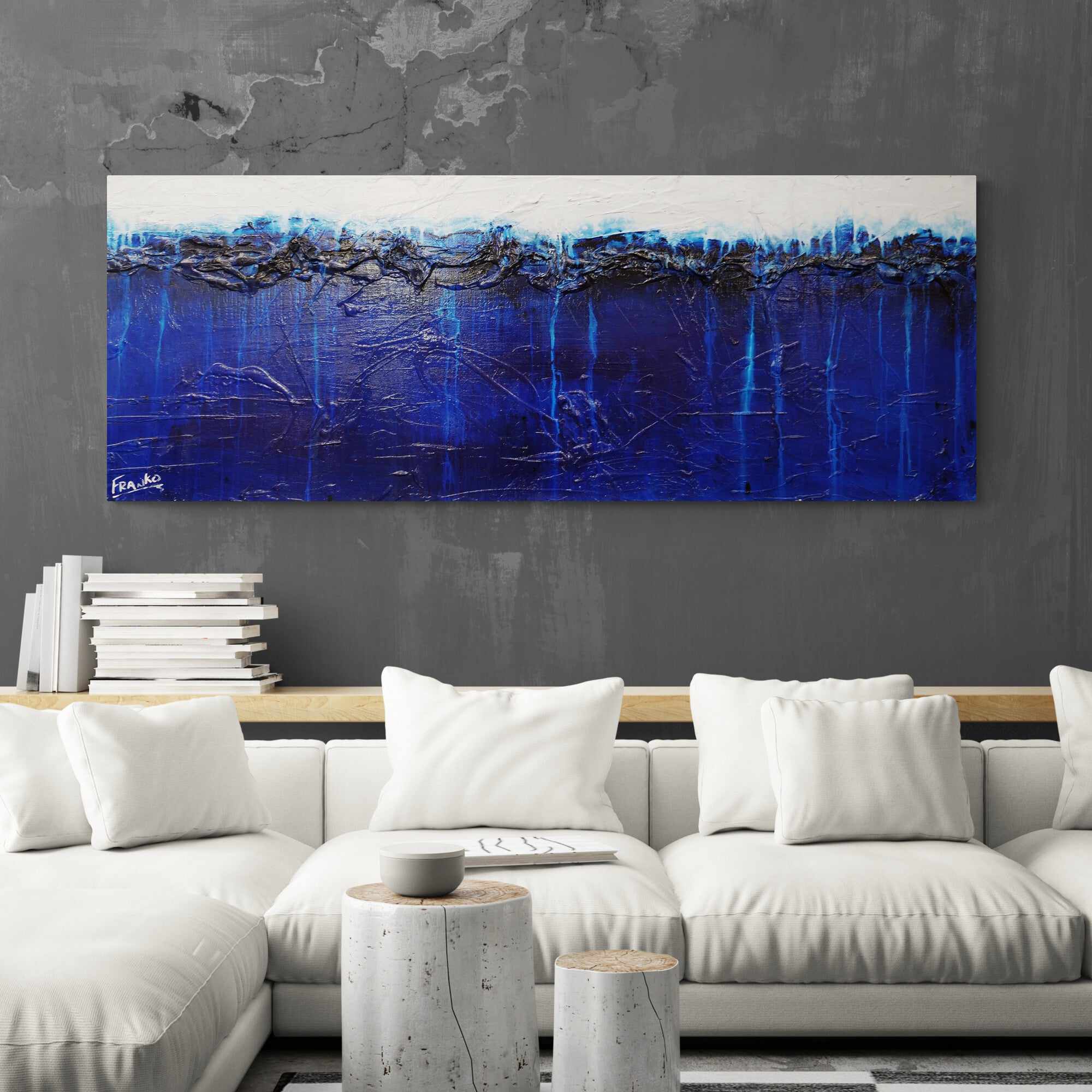 Raw Blue Jazz 160cm x 60cm Blue White Textured Abstract Painting-Abstract-Franko-[franko_art]-[beautiful_Art]-[The_Block]-Franklin Art Studio