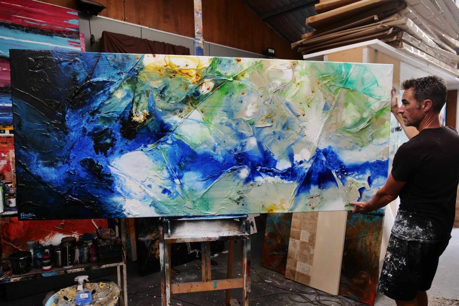 Raw Nature 240cm x 100cm Blue Grey Green Textured Abstract Painting (SOLD)-Abstract-[Franko Artist]-[Gold Coast]-[Brisbane]-[Huge]-Franklin Art Studio