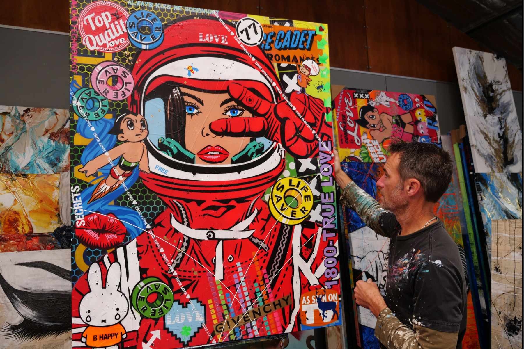 Red Cadet Romances 120cm x 150cm Space Cadet Textured Urban Pop Art Painting (SOLD)-Urban Pop Art-[Franko Artist]-[Gold Coast]-[Brisbane]-[Huge]-Franklin Art Studio