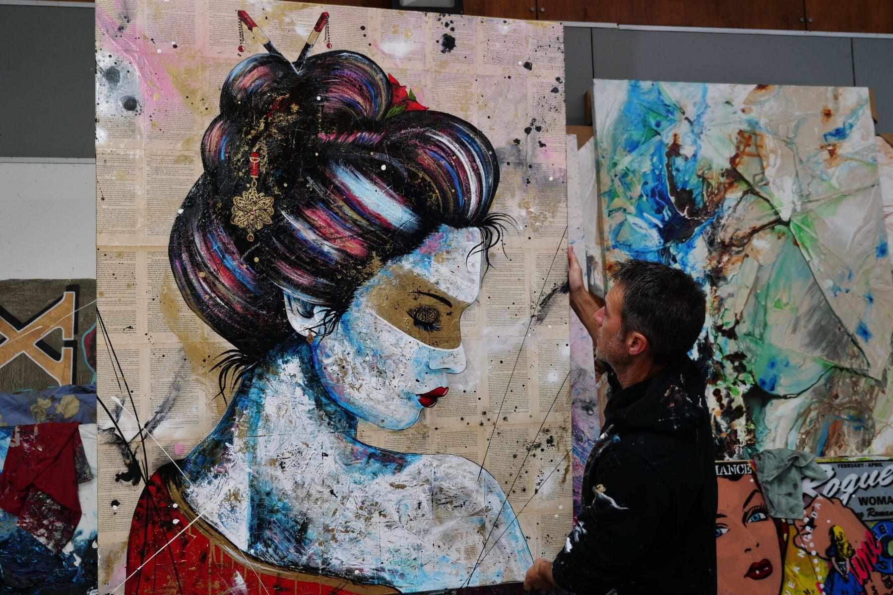 Red Cherry Kimono Golden 120cm x 150cm Geisha Urban Pop Book Club Painting-book club-[Franko Artist]-[The Block]-[Dream Homes]-[ideas]-Franklin Art Studio