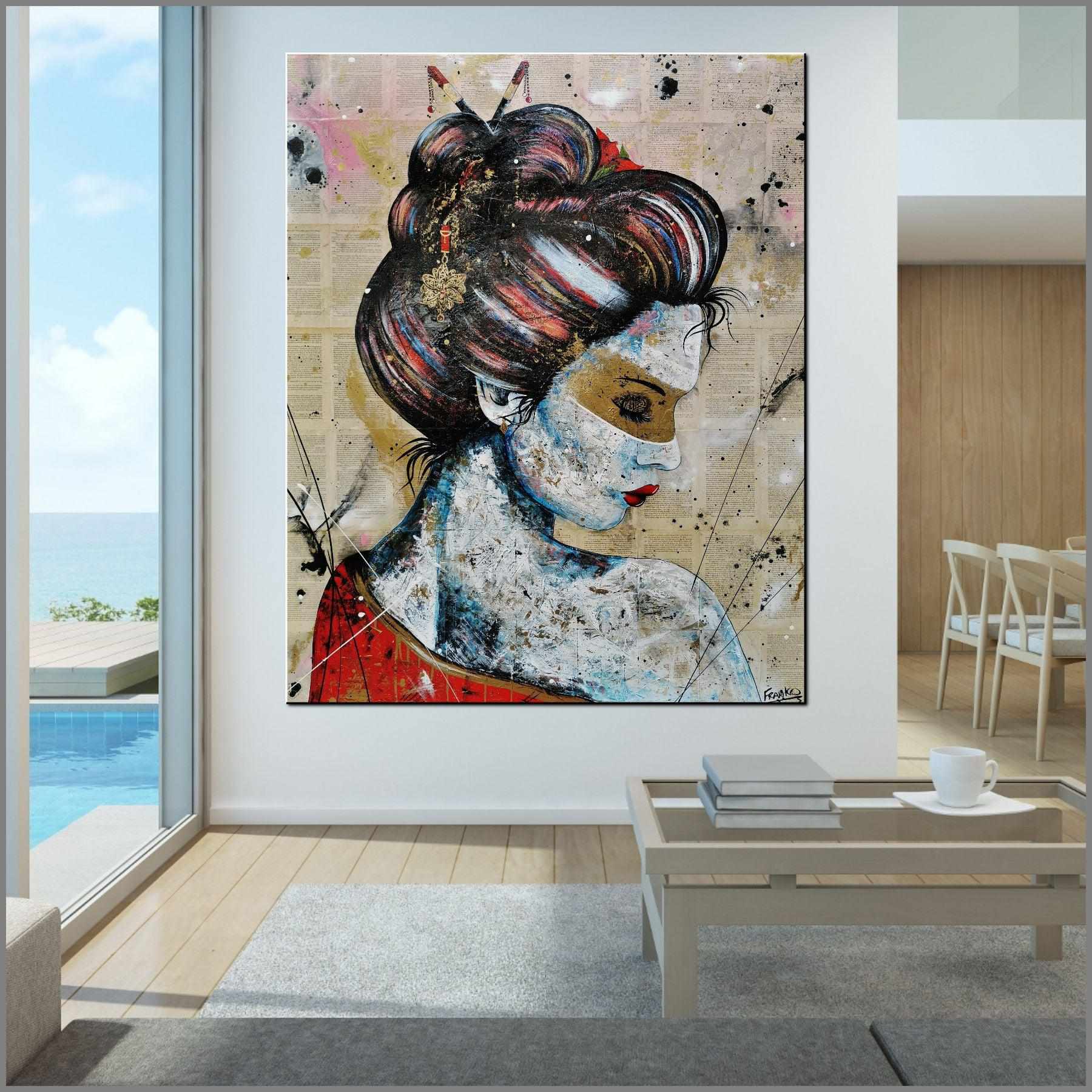 Red Cherry Kimono Golden 120cm x 150cm Geisha Urban Pop Book Club Painting-book club-Franko-[huge]-[Australian]-[best Selling]-Franklin Art Studio