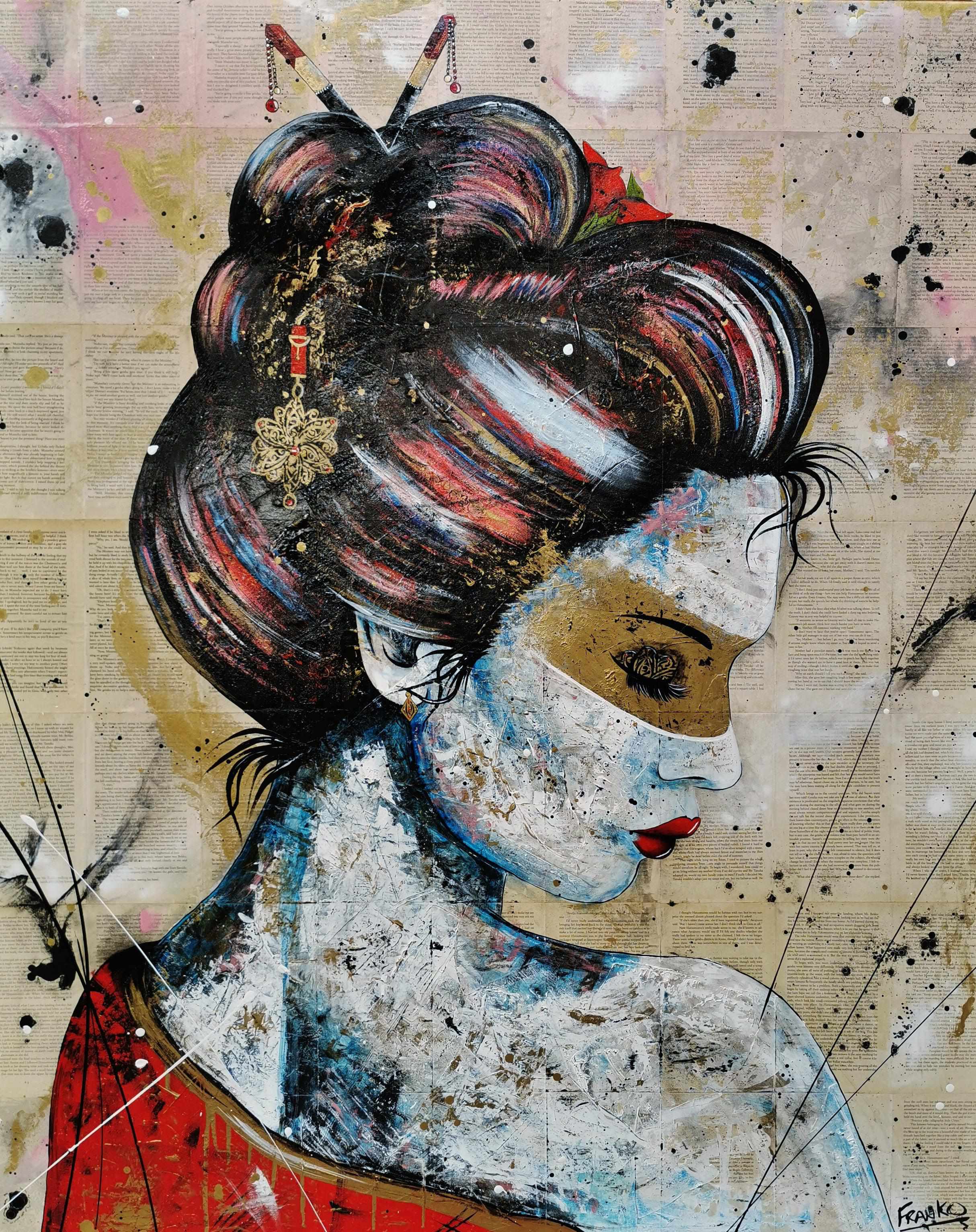 Red Cherry Kimono Golden 120cm x 150cm Geisha Urban Pop Book Club Painting-book club-[Franko]-[Australian Artist]-[Large]-[Popular]-Franklin Art Studio