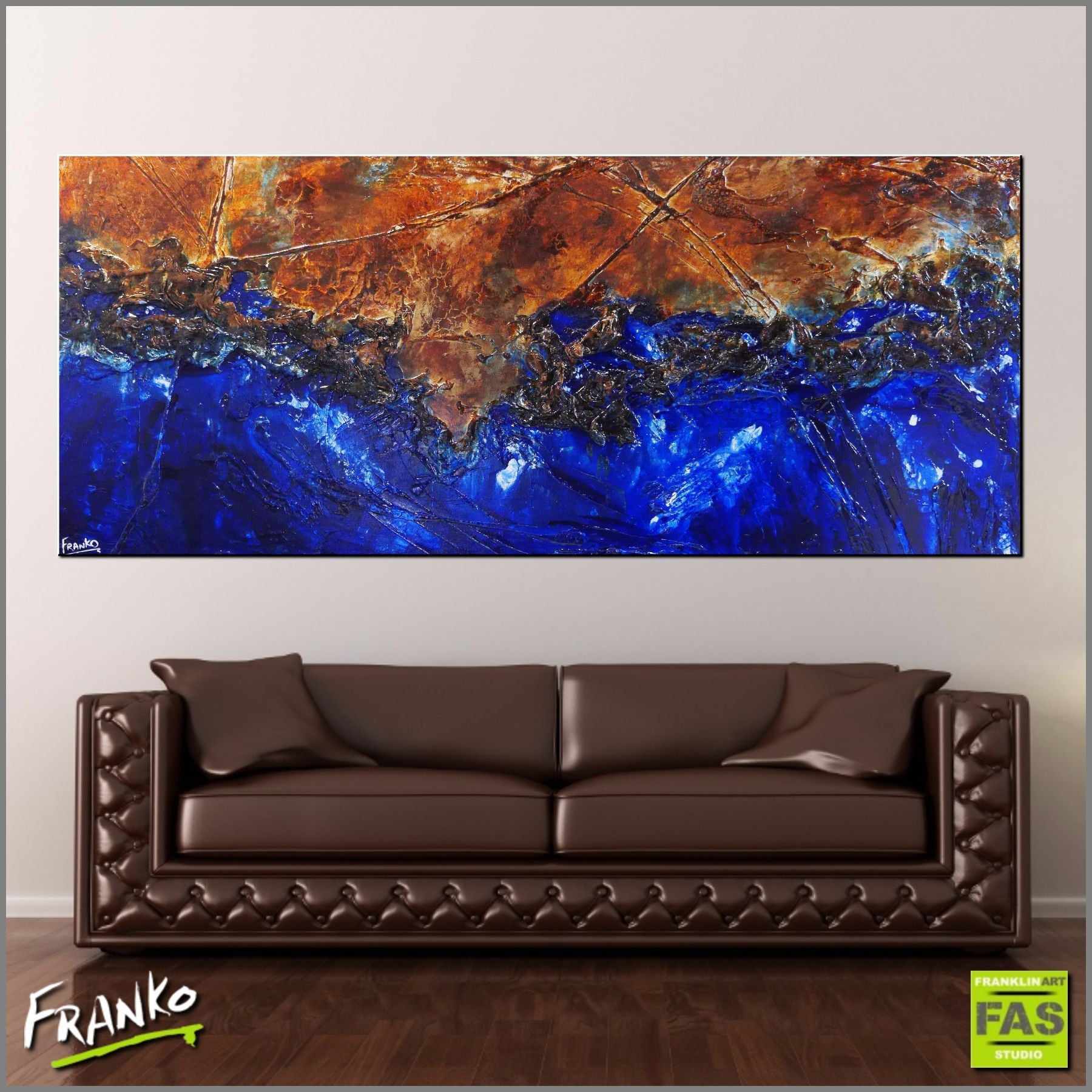 Red Earth Meets The Reef 240cm x 100cm Brown Blue Abstract Painting (SOLD)-abstract-Franko-[huge]-[Australian]-[best Selling]-Franklin Art Studio