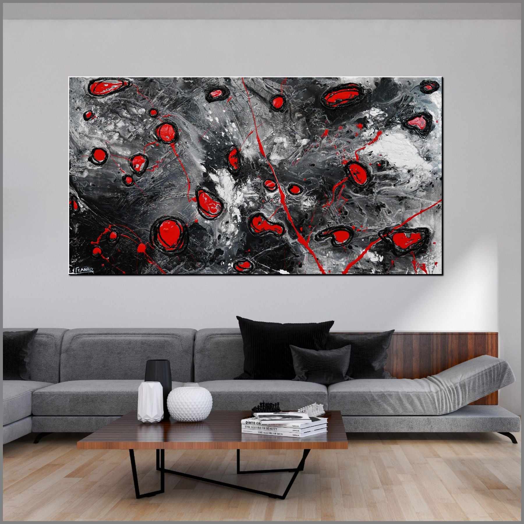 Red Pools 190cm x 100cm Grey Red Textured Abstract Painting (SOLD)-Abstract-Franko-[Franko]-[huge_art]-[Australia]-Franklin Art Studio