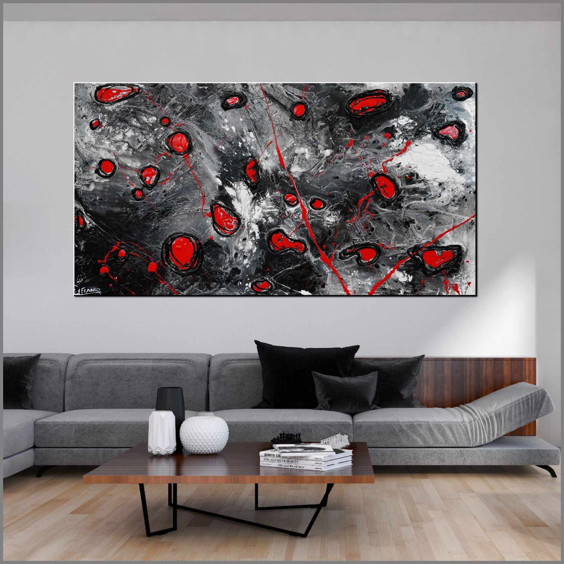 Red Pools 190cm x 100cm Grey Red Textured Abstract Painting (SOLD)-Abstract-Franko-[huge]-[Australian]-[best Selling]-Franklin Art Studio
