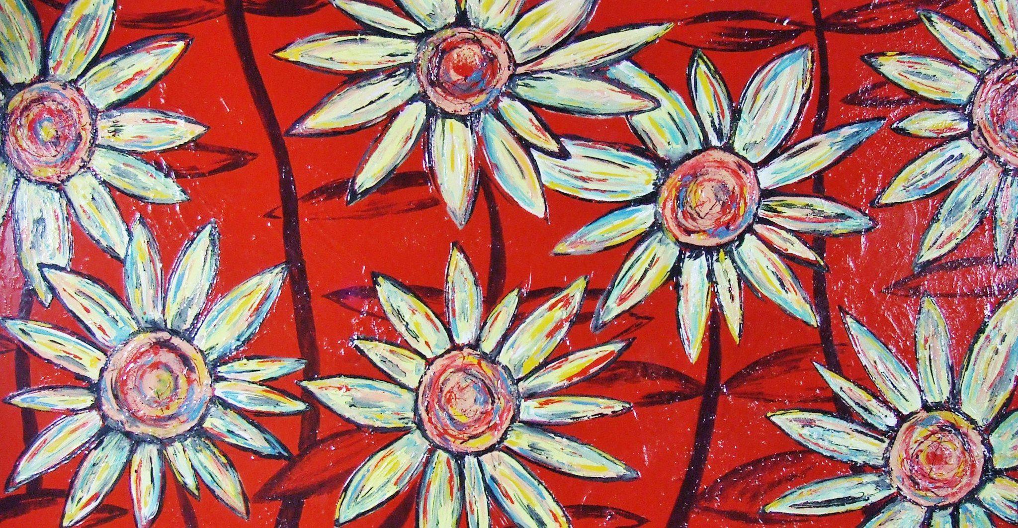 Red With Passion and Flowers 190cm x 100cm Sun Flowers Red Painting (SOLD)-people-Franko-[Franko]-[Australia_Art]-[Art_Lovers_Australia]-Franklin Art Studio
