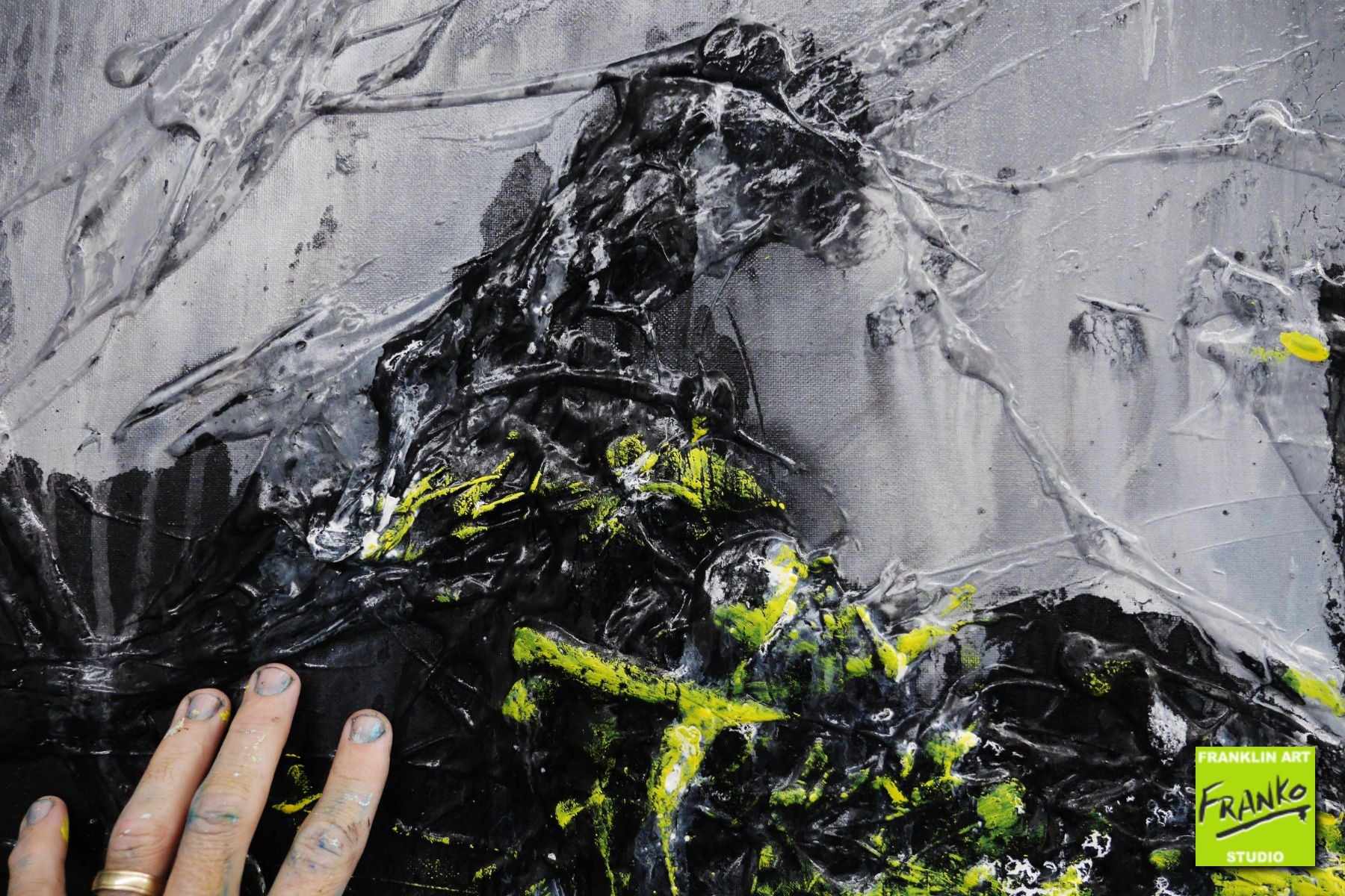 Retrofaction 200cm x 80cm Grey Black Neon Yellow Textured Abstract Painting (SOLD)-Abstract-[Franko]-[Artist]-[Australia]-[Painting]-Franklin Art Studio
