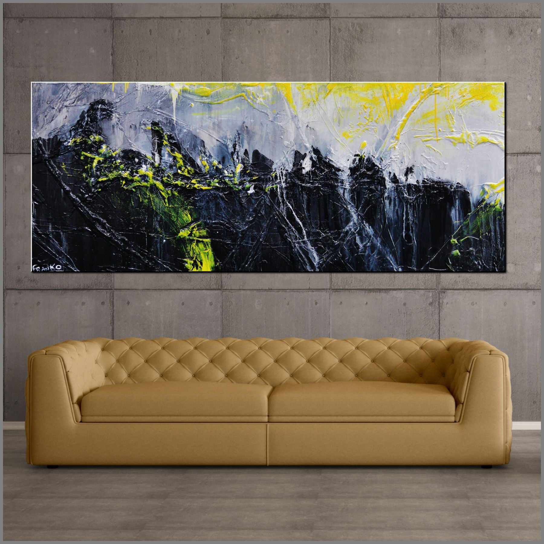 Retrofaction 200cm x 80cm Grey Black Neon Yellow Textured Abstract Painting (SOLD)-Abstract-Franko-[Franko]-[huge_art]-[Australia]-Franklin Art Studio