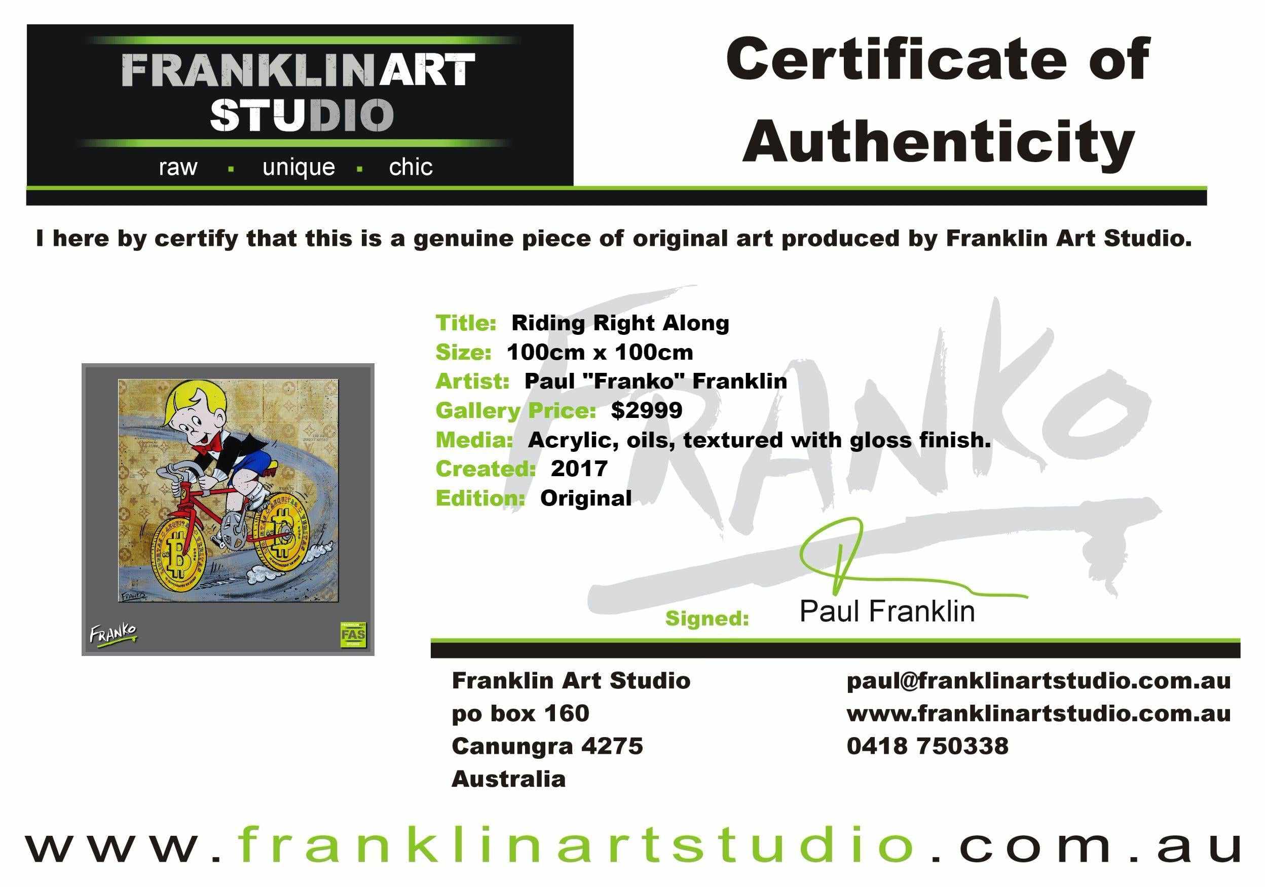 Riding Right Along 100cm x 100cm Richie Rich Bitcoin (SOLD)-bitcoin themed-Franko-[franko_art]-[beautiful_Art]-[The_Block]-Franklin Art Studio