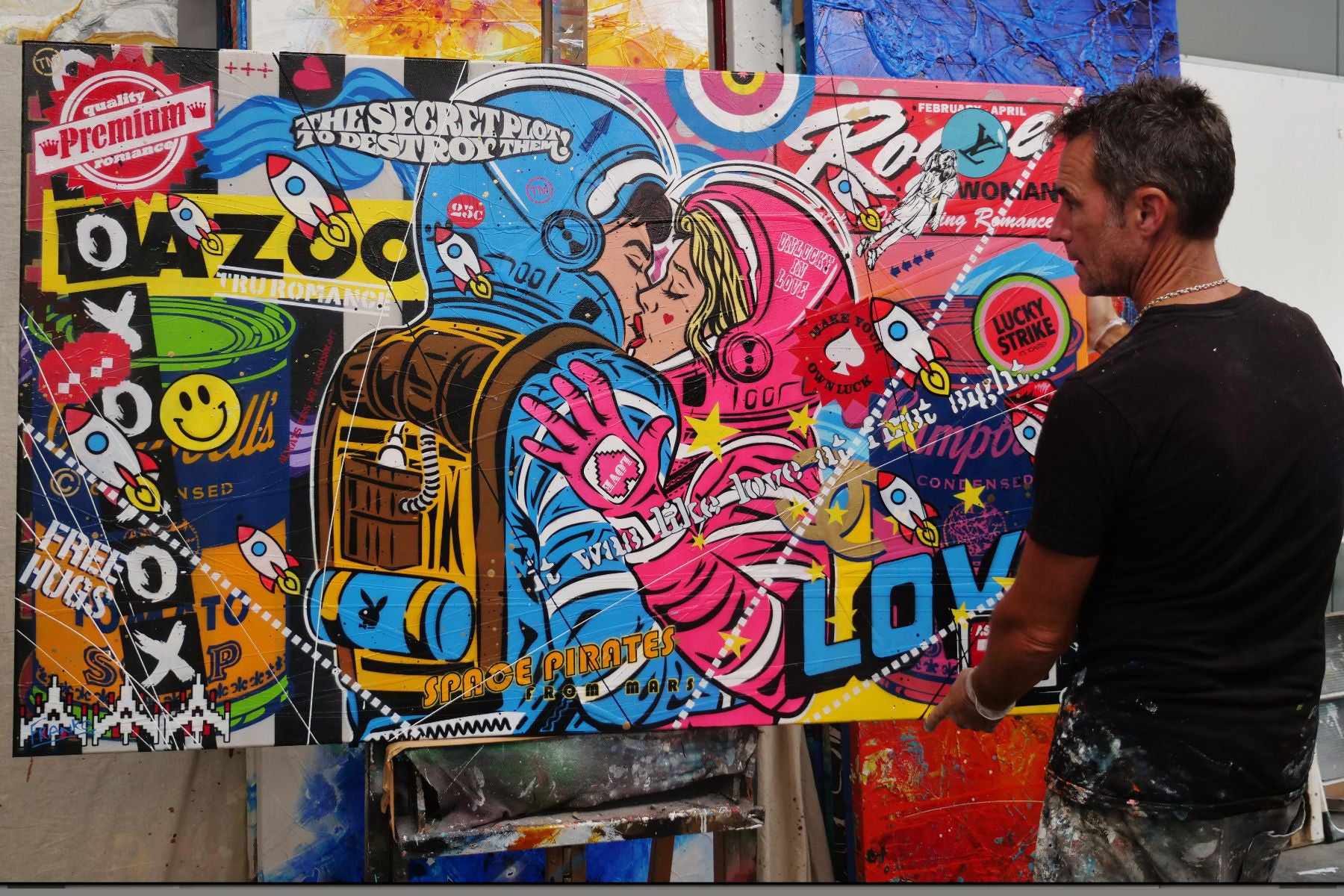Rogue Love 160cm x 100cm Space Cadets Kissing Textured Urban Pop Art Painting (SOLD)-Urban Pop Art-[Franko Artist]-[Gold Coast]-[Brisbane]-[Huge]-Franklin Art Studio