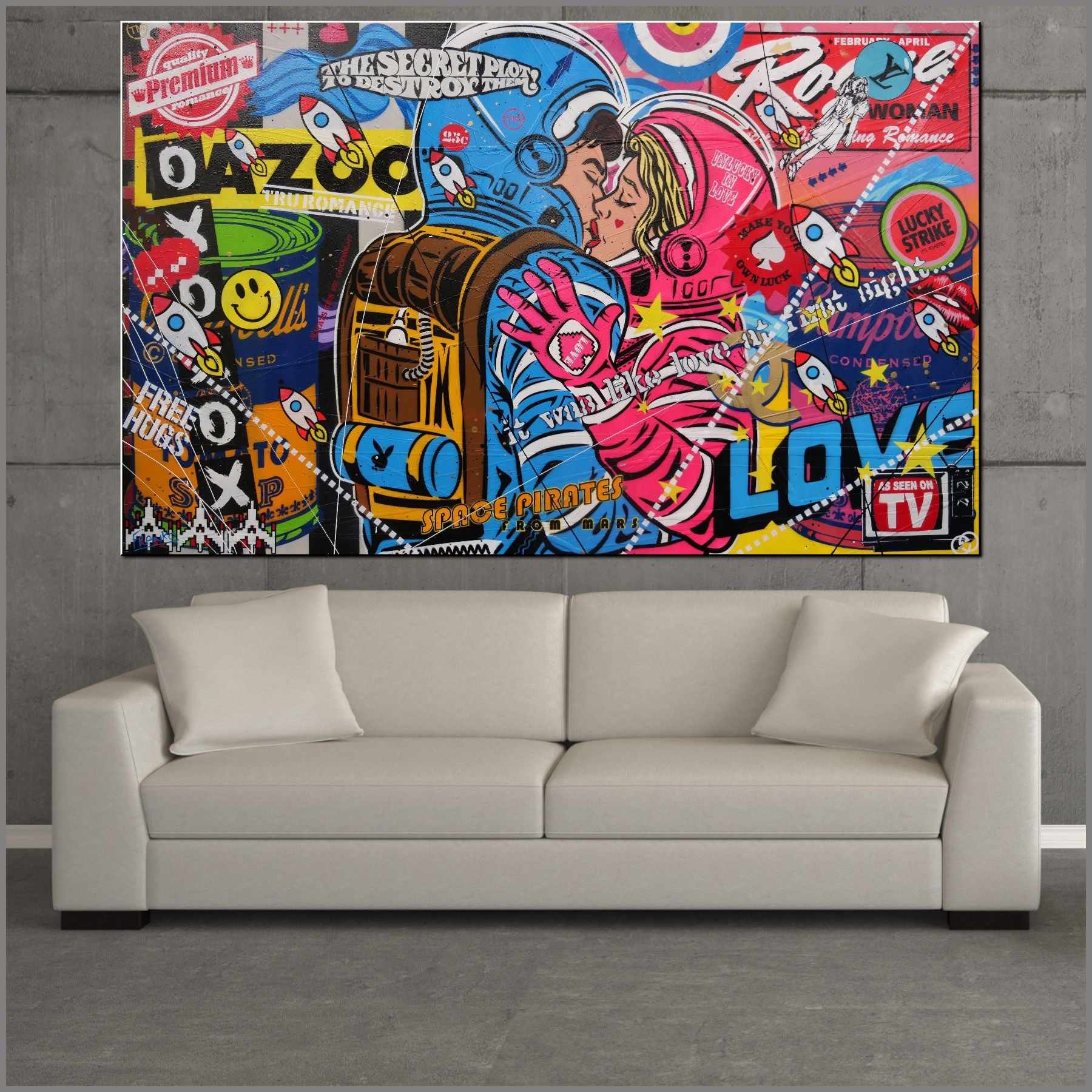 Rogue Love 160cm x 100cm Space Cadets Kissing Textured Urban Pop Art Painting (SOLD)-Urban Pop Art-Franko-[huge]-[Australian]-[best Selling]-Franklin Art Studio