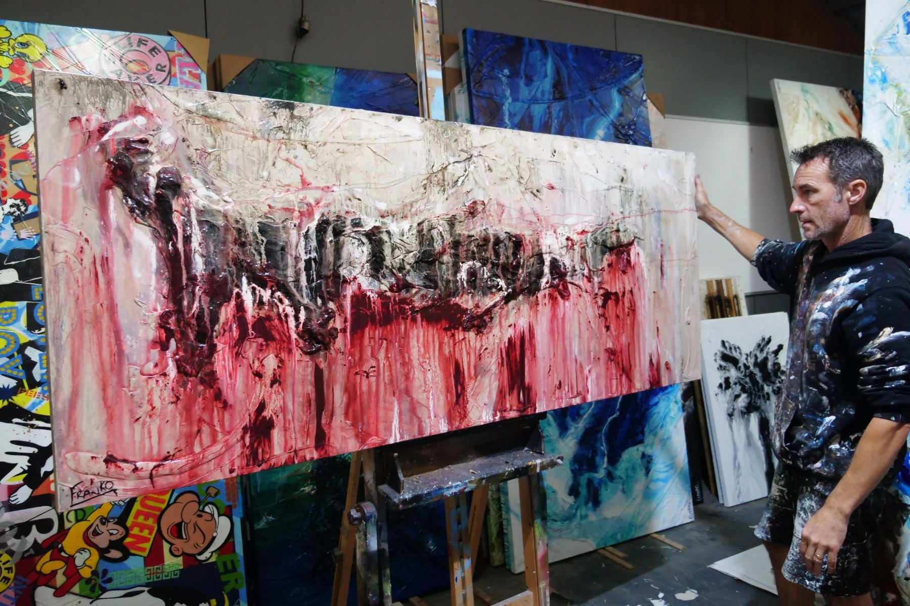 Rose 200cm x 80cm Grey Red Textured Abstract Painting-Abstract-[Franko Artist]-[The Block]-[Dream Homes]-[ideas]-Franklin Art Studio