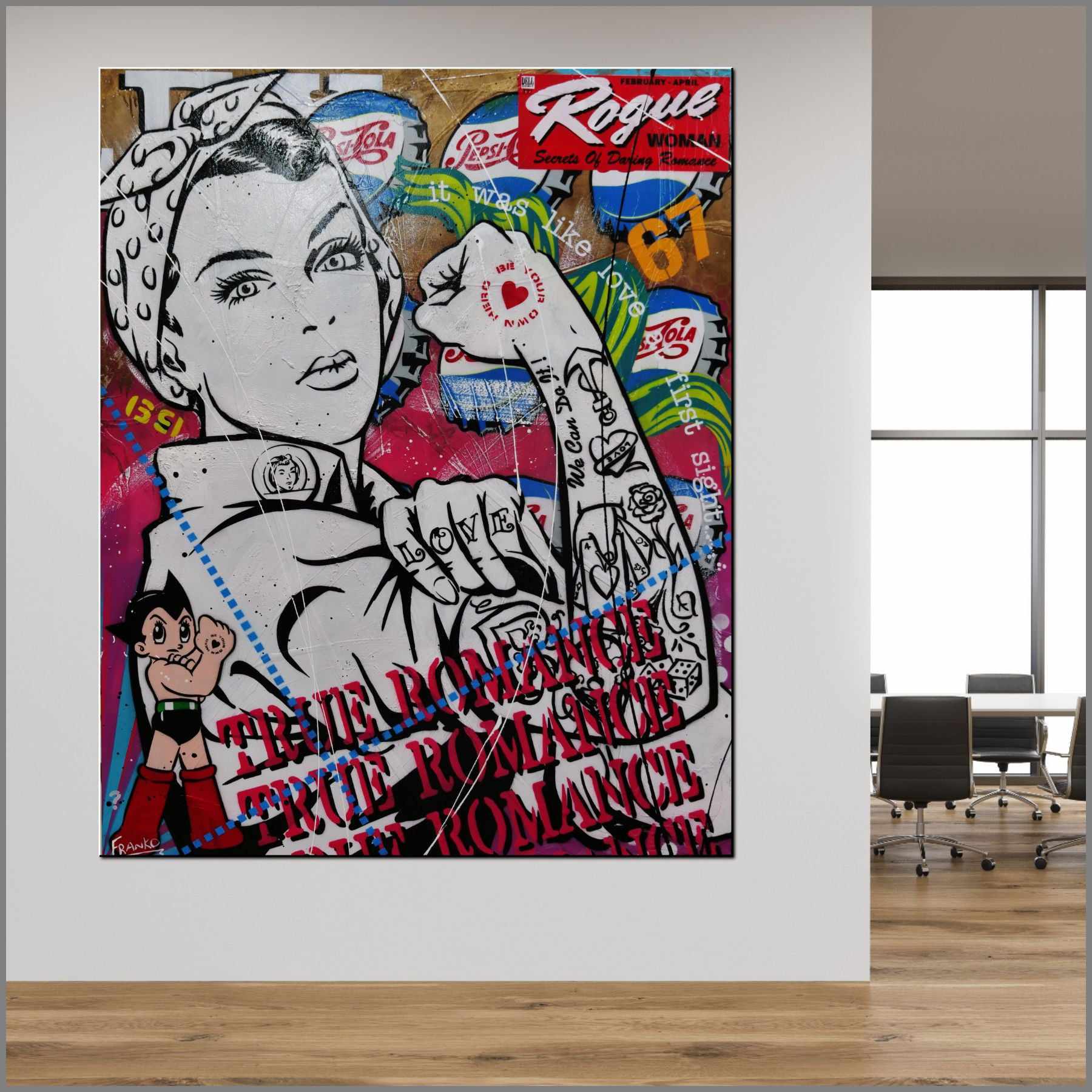 Rosie Romancing 120cm x 150cm Rosie The Riveter Textured Urban Pop Art Painting (SOLD)-Urban Pop Art-Franko-[Franko]-[huge_art]-[Australia]-Franklin Art Studio