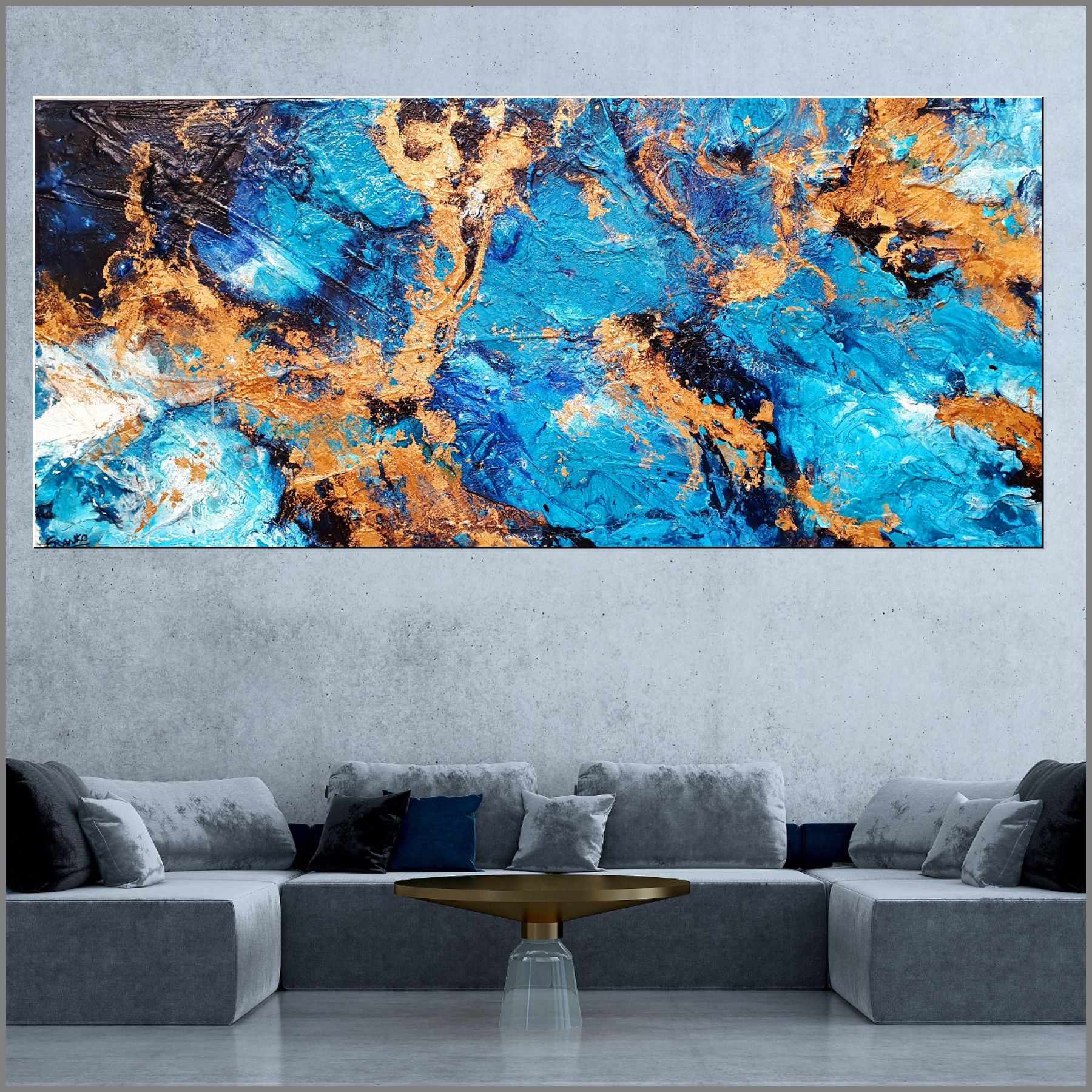 Royalty 270cm x 120cm Turquoise Metallic Gold Textured Abstract Painting (SOLD)-Abstract-Franko-[huge]-[Australian]-[best Selling]-Franklin Art Studio
