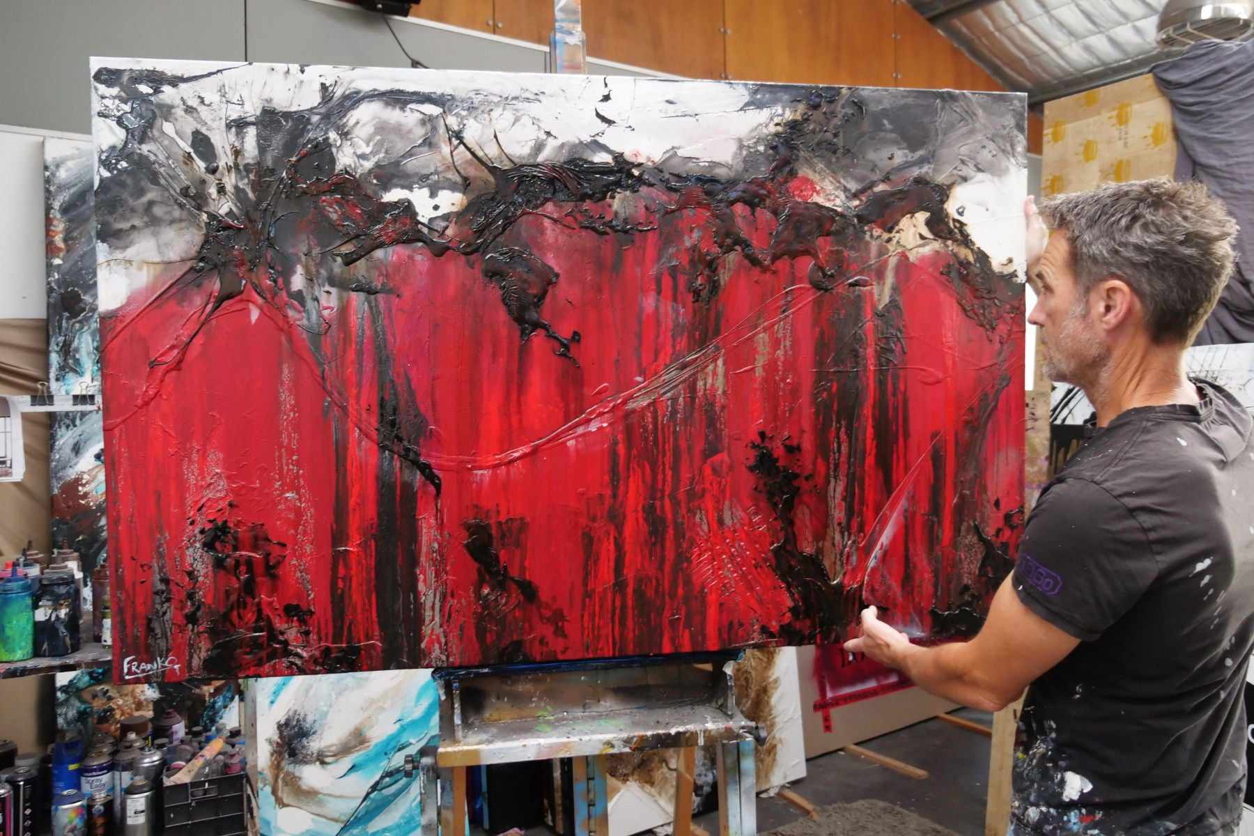 Rubine Steel 160cm x 100cm Red Black Textured Abstract Painting-Abstract-Franko-[franko_art]-[beautiful_Art]-[The_Block]-Franklin Art Studio