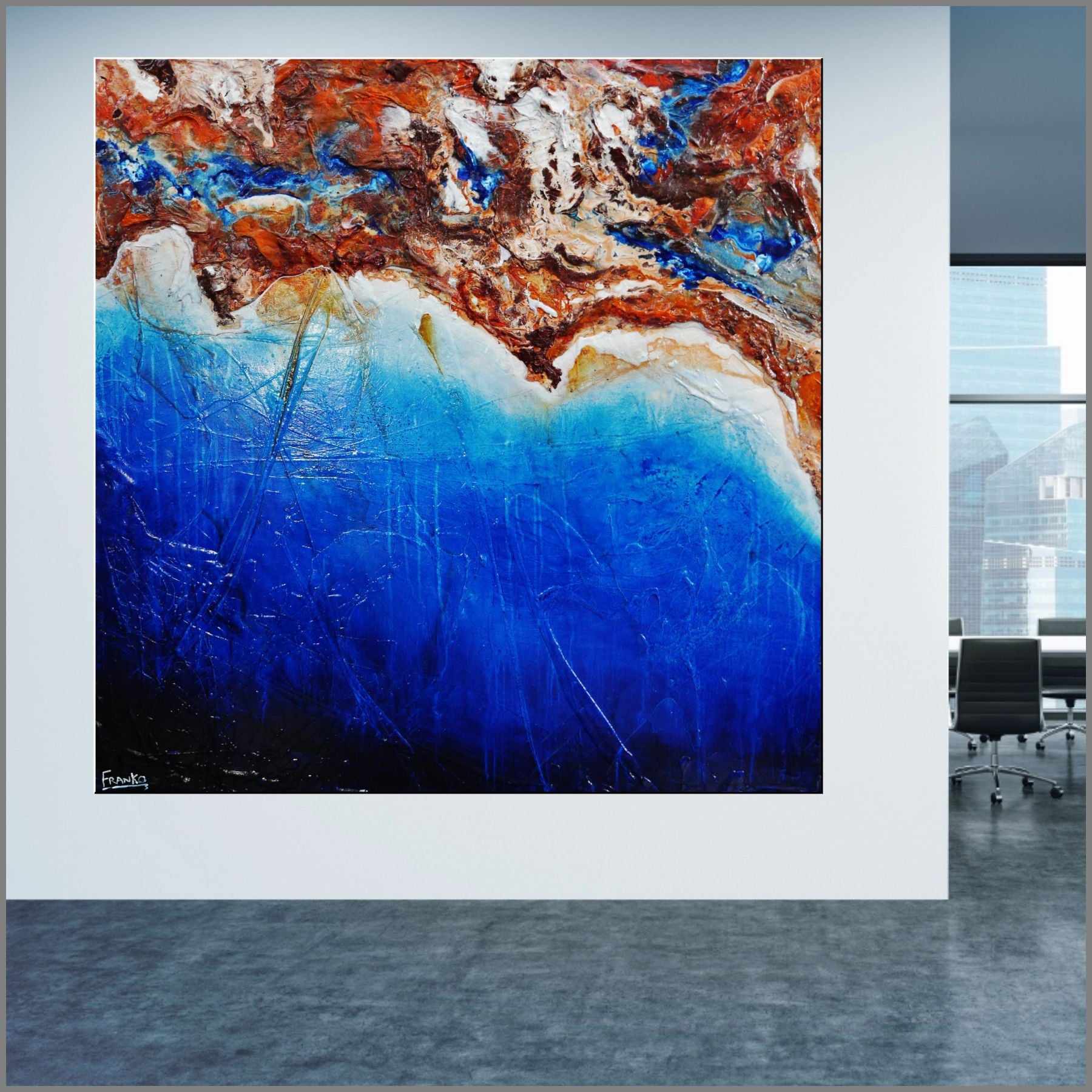 Rusted Coast 150cm x 150cm Blue Orange Textured Abstract Painting (SOLD)-Abstract-Franko-[huge]-[Australian]-[best Selling]-Franklin Art Studio