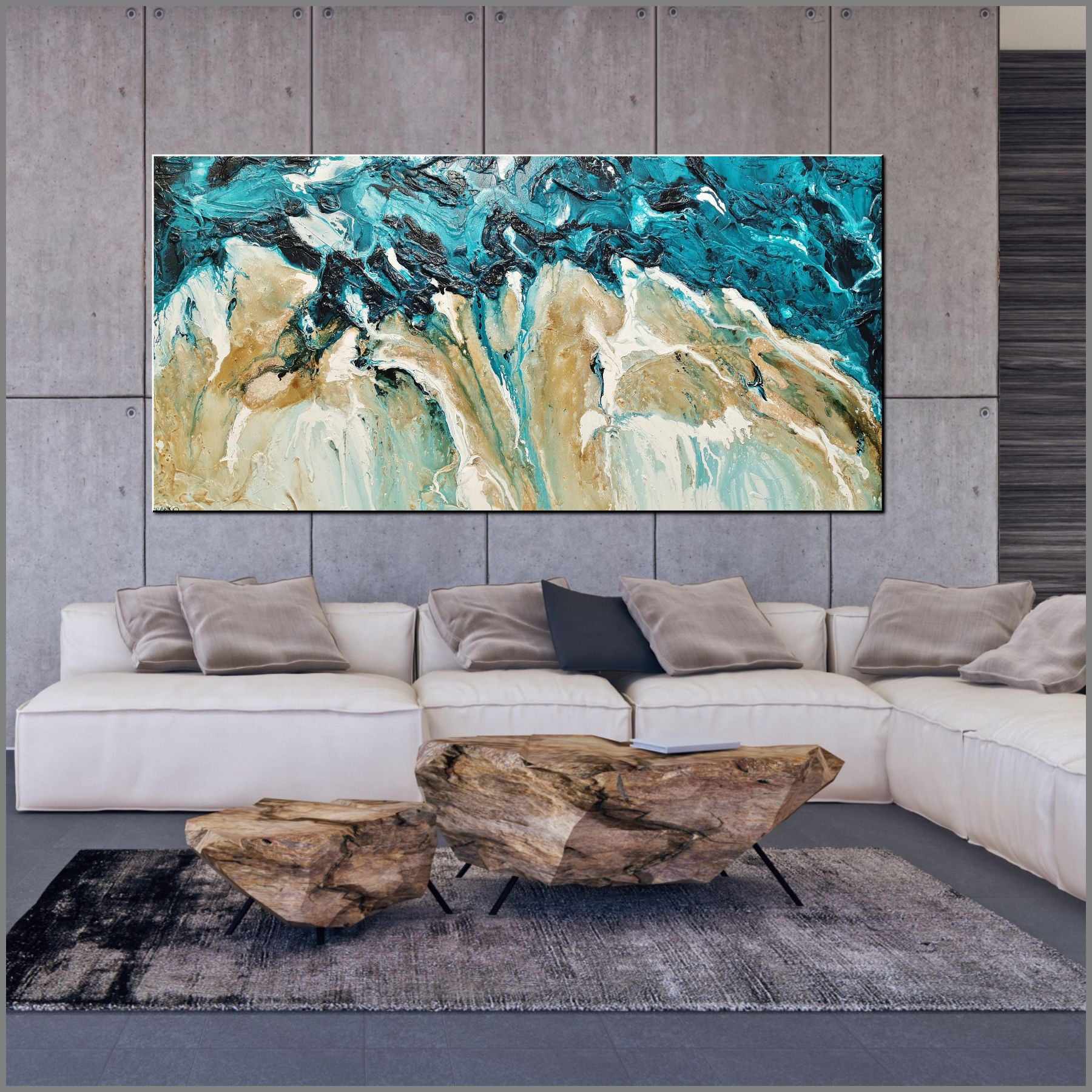 Rusted Honey Coast 240cm x 120cm Teal Cream Textured Abstract Painting (SOLD)-Abstract-Franko-[huge]-[Australian]-[best Selling]-Franklin Art Studio