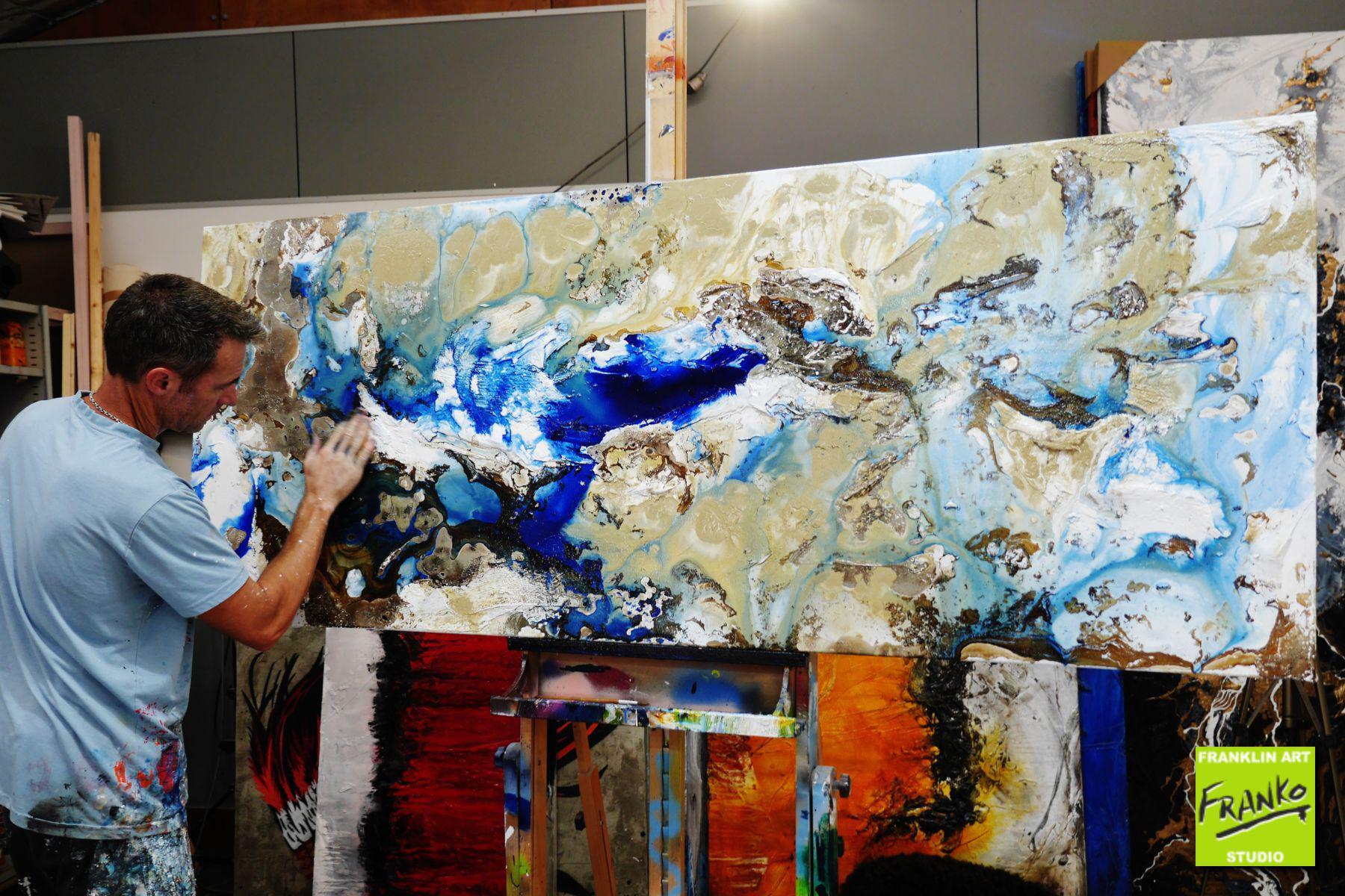 Rusted Lake 200cm x 80cm White Brown Blue Textured Abstract Painting (SOLD)-Abstract-[Franko Artist]-[Gold Coast]-[Brisbane]-[Huge]-Franklin Art Studio
