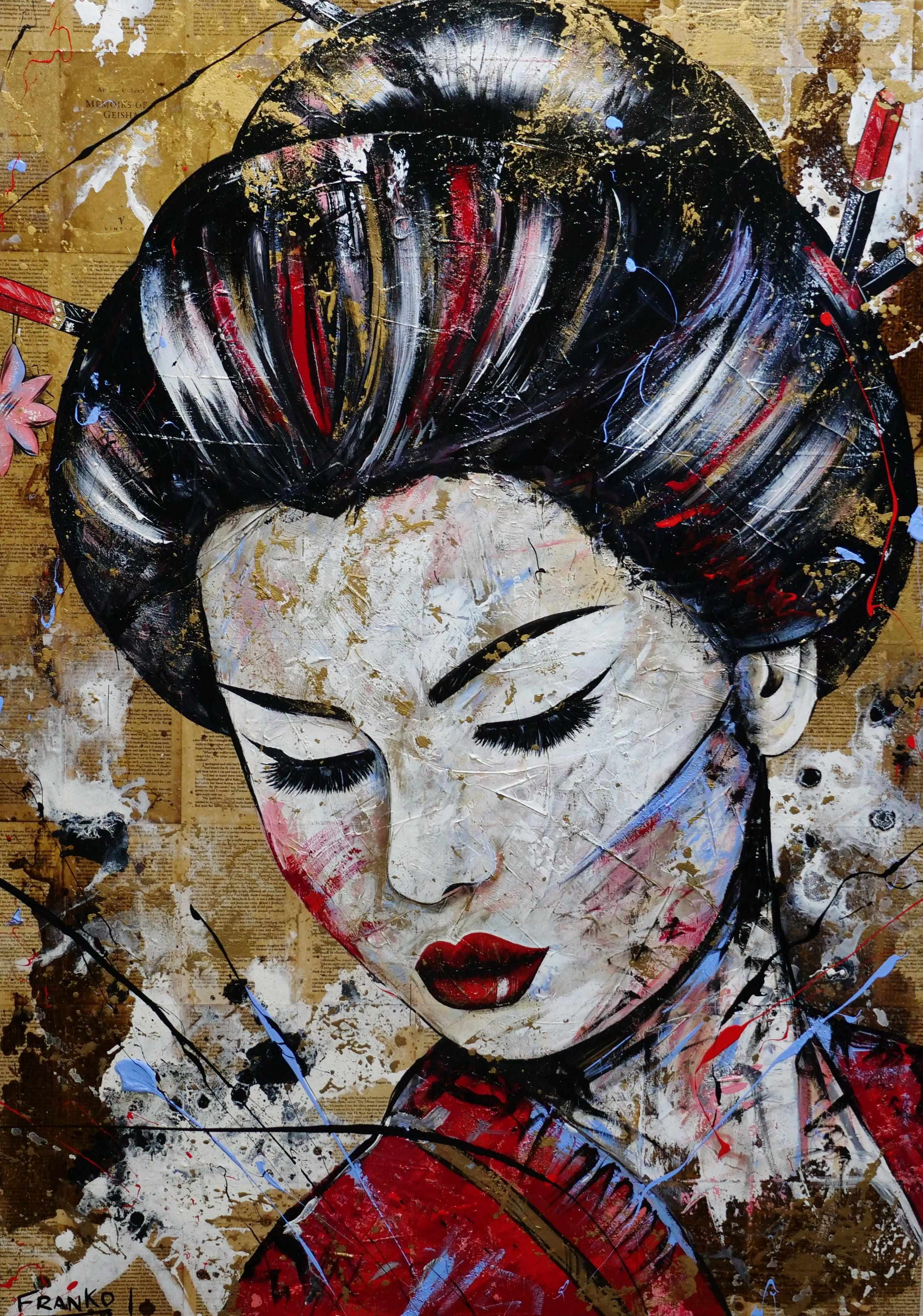 Sakura Blue 140cm x 100cm Geisha Abstract Realism Book Club Painting (SOLD)-book club-Franko-[Franko]-[Australia_Art]-[Art_Lovers_Australia]-Franklin Art Studio