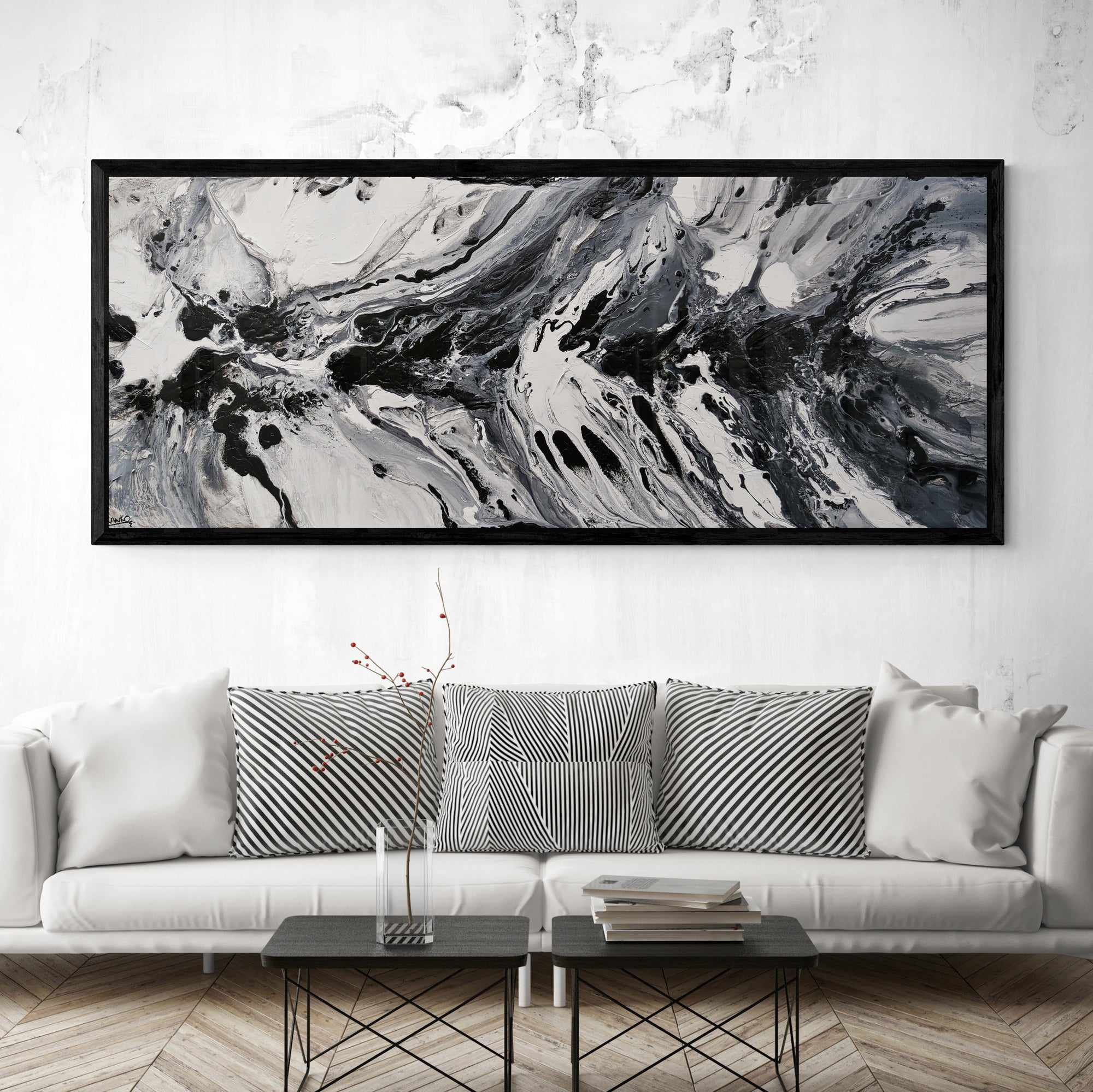Salt and Nero 200cm x 80cm White Black Textured Abstract Painting (SOLD)-Abstract-Franko-[franko_artist]-[Art]-[interior_design]-Franklin Art Studio