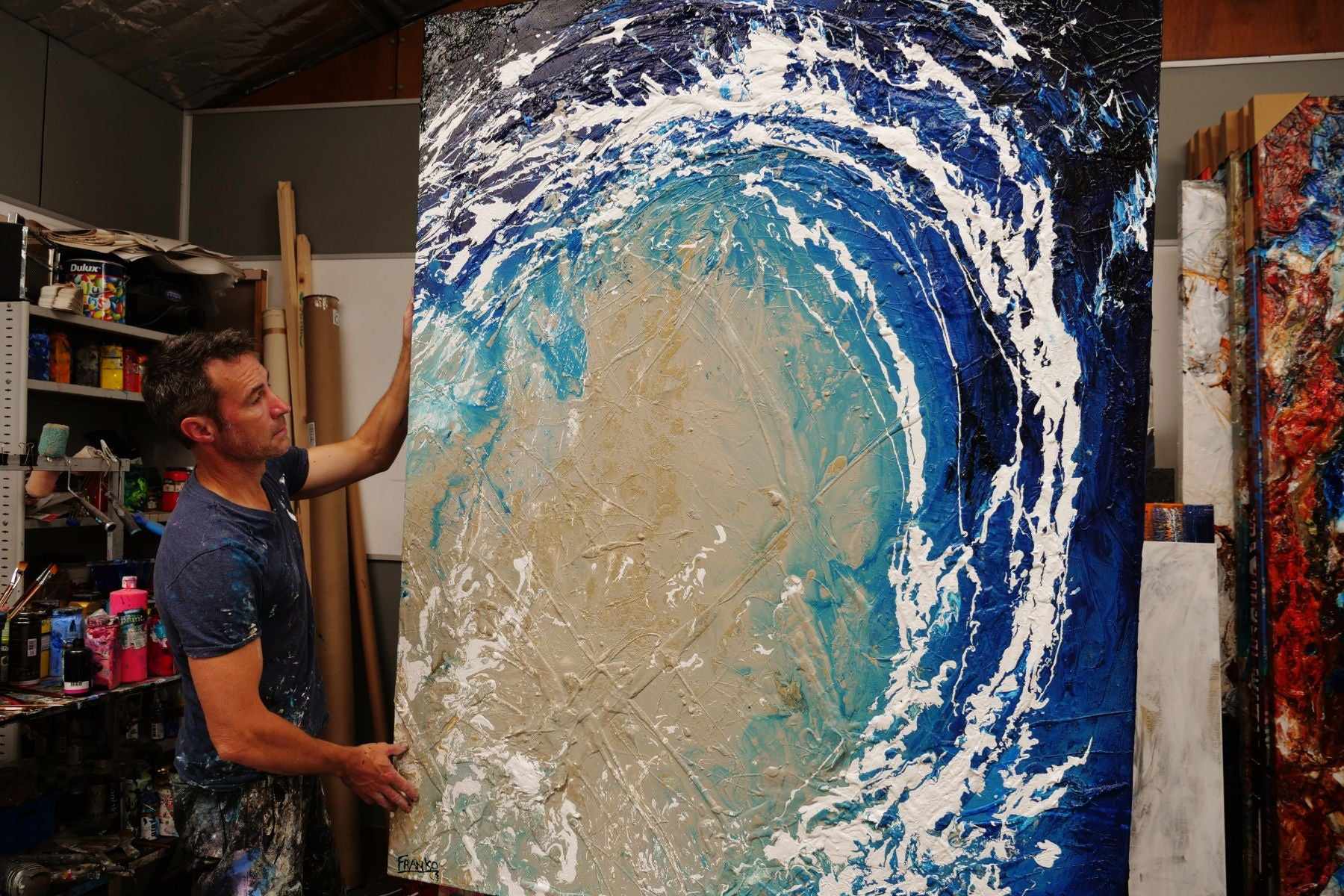 Sapphire Reef 140cm x 180cm Cream Blue Textured Abstract Painting (SOLD)-Abstract-Franko-[franko_artist]-[Art]-[interior_design]-Franklin Art Studio