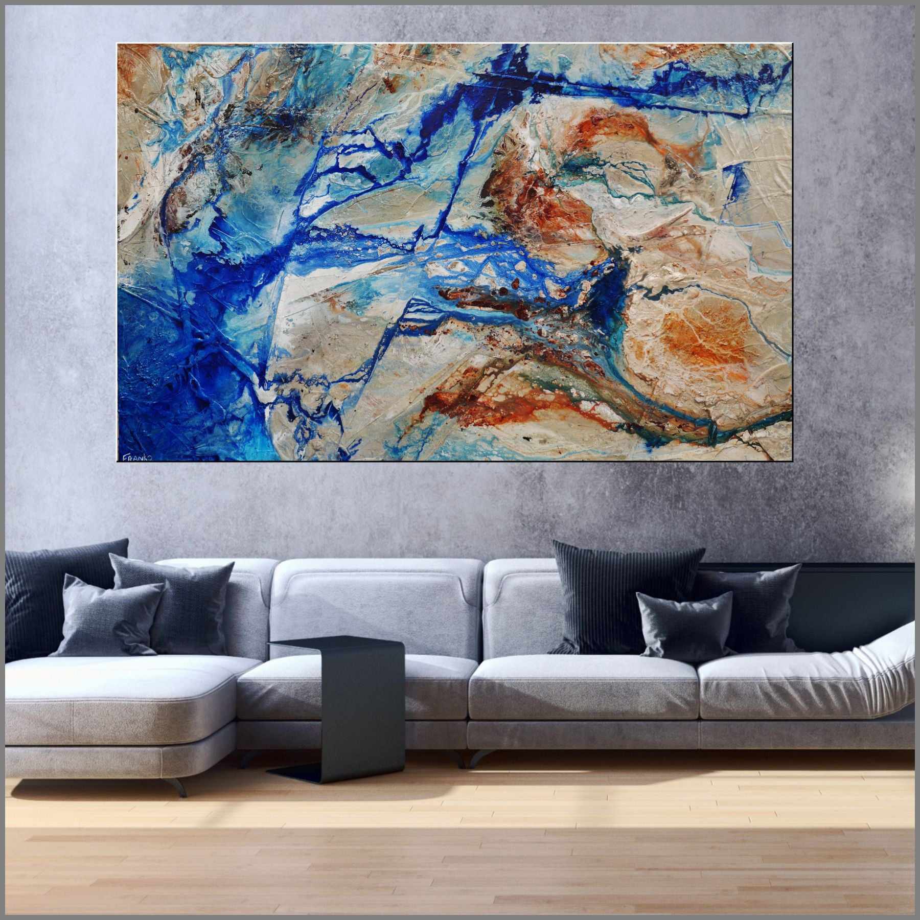 Sapphire Rust Outback 280cm x 170cm Blue Cream Textured Abstract Painting (SOLD)-Abstract-Franko-[Franko]-[huge_art]-[Australia]-Franklin Art Studio