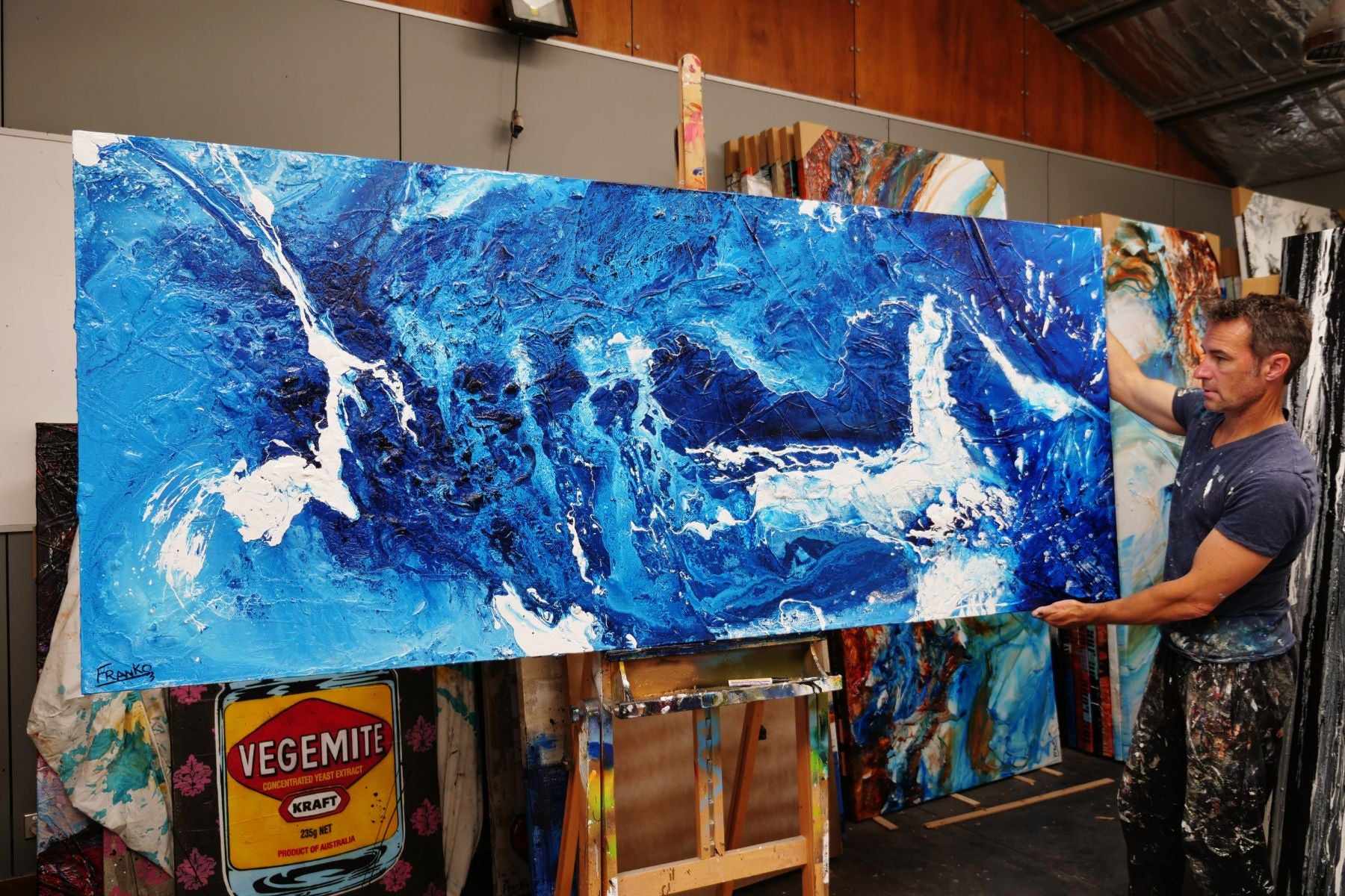 Sapphire Seas 240cm x 100cm Blue White Textured Abstract Painting (SOLD)-Abstract-[Franko Artist]-[Gold Coast]-[Brisbane]-[Huge]-Franklin Art Studio