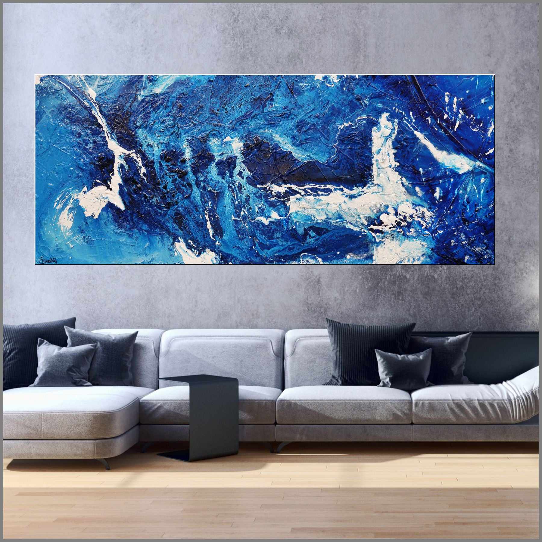 Sapphire Seas 240cm x 100cm Blue White Textured Abstract Painting (SOLD)-Abstract-Franko-[Franko]-[huge_art]-[Australia]-Franklin Art Studio