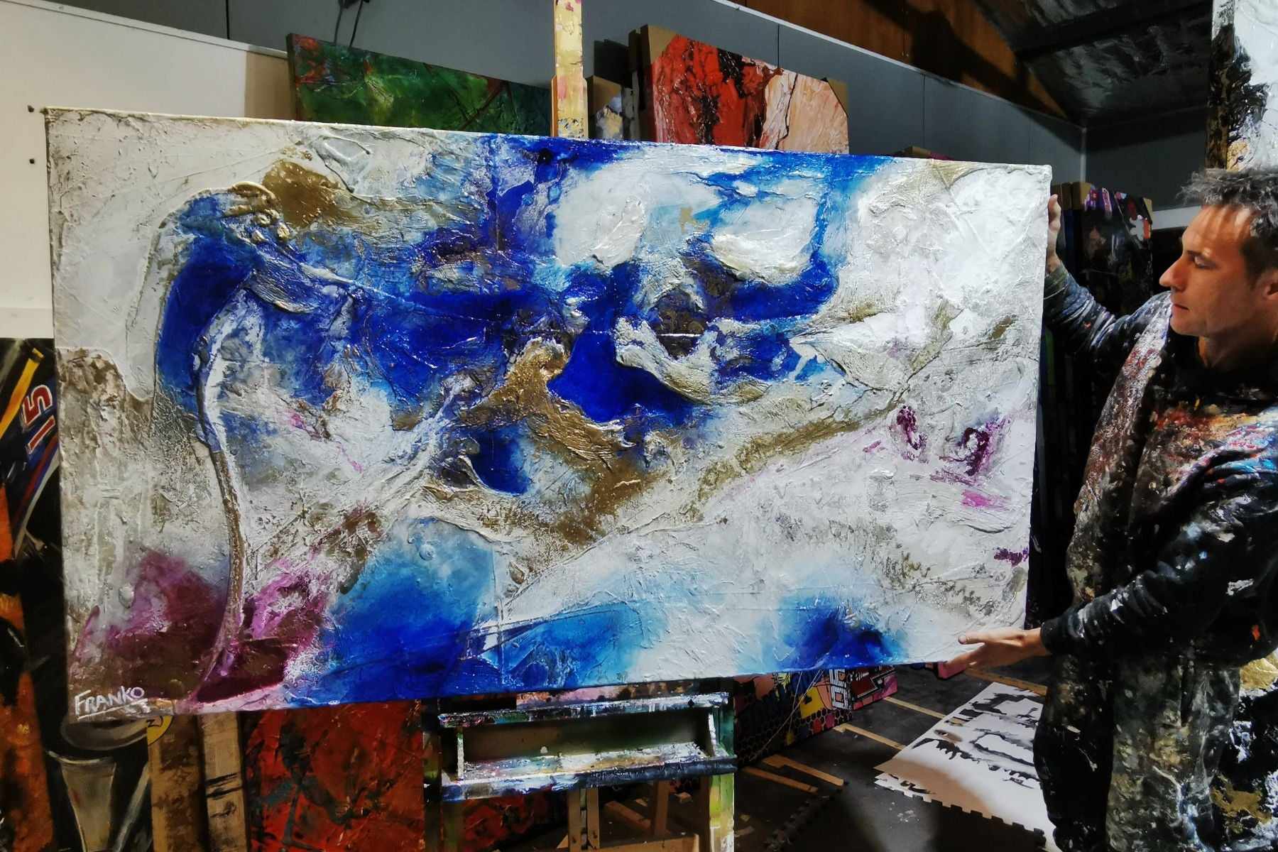 Sapphire Spritz 180cm x 100cm Blue White Textured Abstract Painting (SOLD)-Abstract-Franko-[franko_artist]-[Art]-[interior_design]-Franklin Art Studio