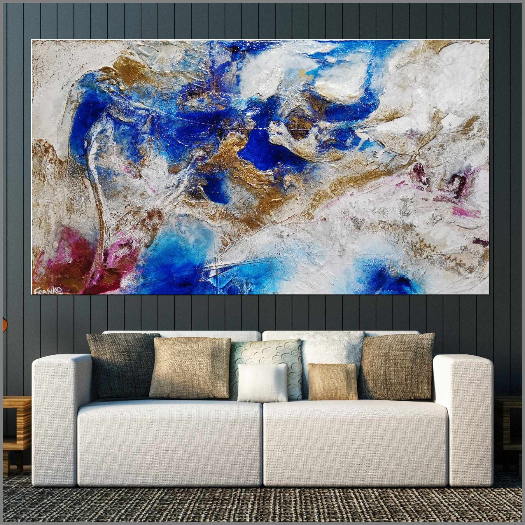Sapphire Spritz 180cm x 100cm Blue White Textured Abstract Painting (SOLD)-Abstract-Franko-[Franko]-[huge_art]-[Australia]-Franklin Art Studio