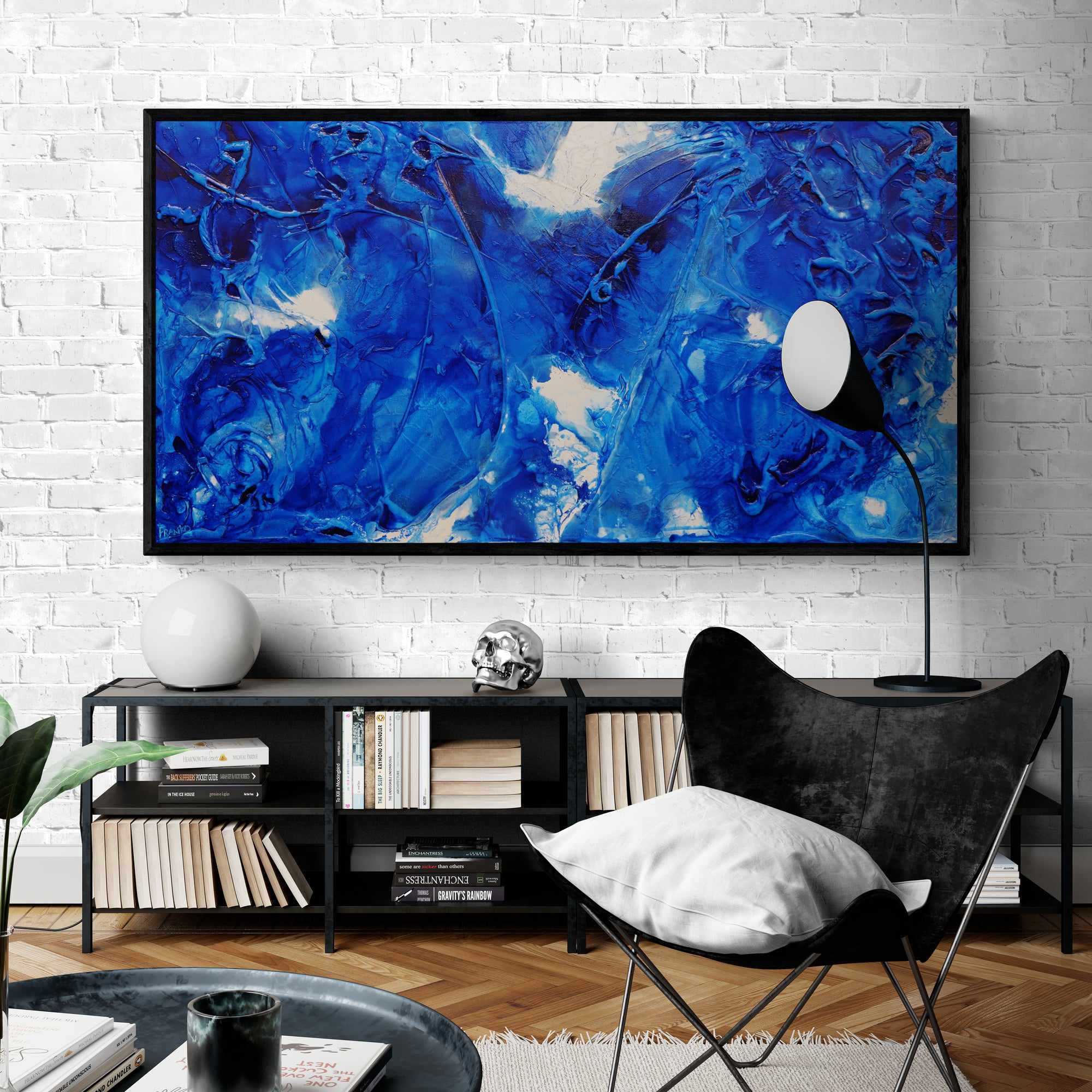 Sapphire Wash 190cm x 100cm Blue Ink Textured Abstract Painting (SOLD)-Abstract-Franko-[Franko]-[huge_art]-[Australia]-Franklin Art Studio