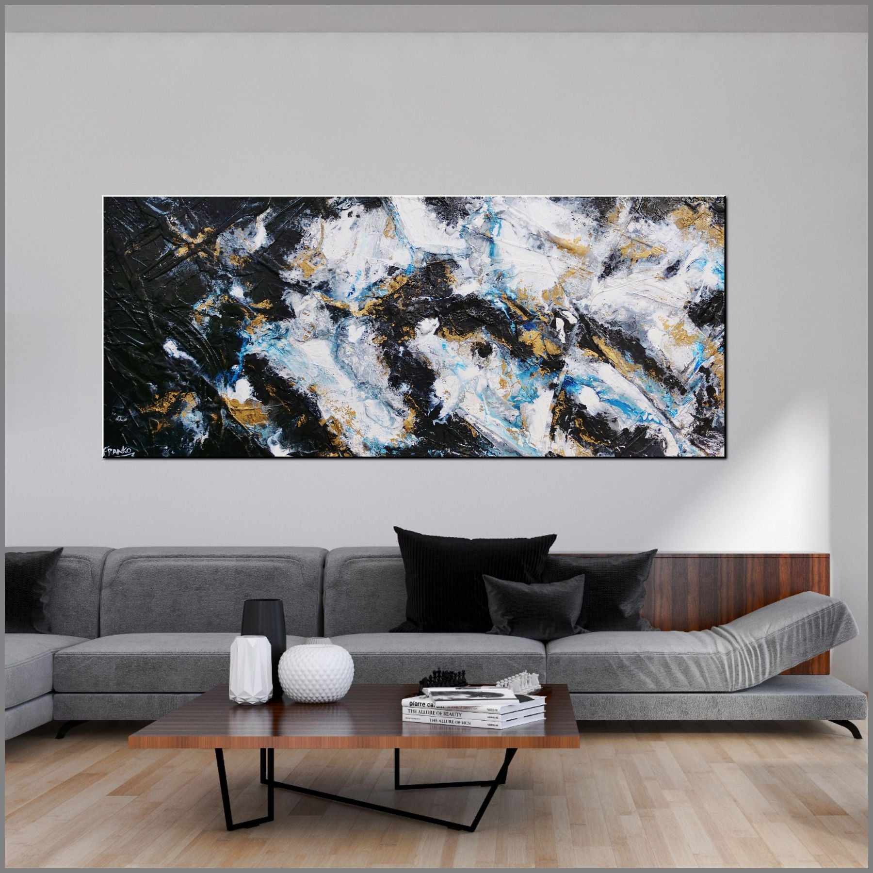 Satin Pepper 240cm x 100cm White Black Gold Textured Abstract Painting (SOLD)-Abstract-Franko-[Franko]-[huge_art]-[Australia]-Franklin Art Studio