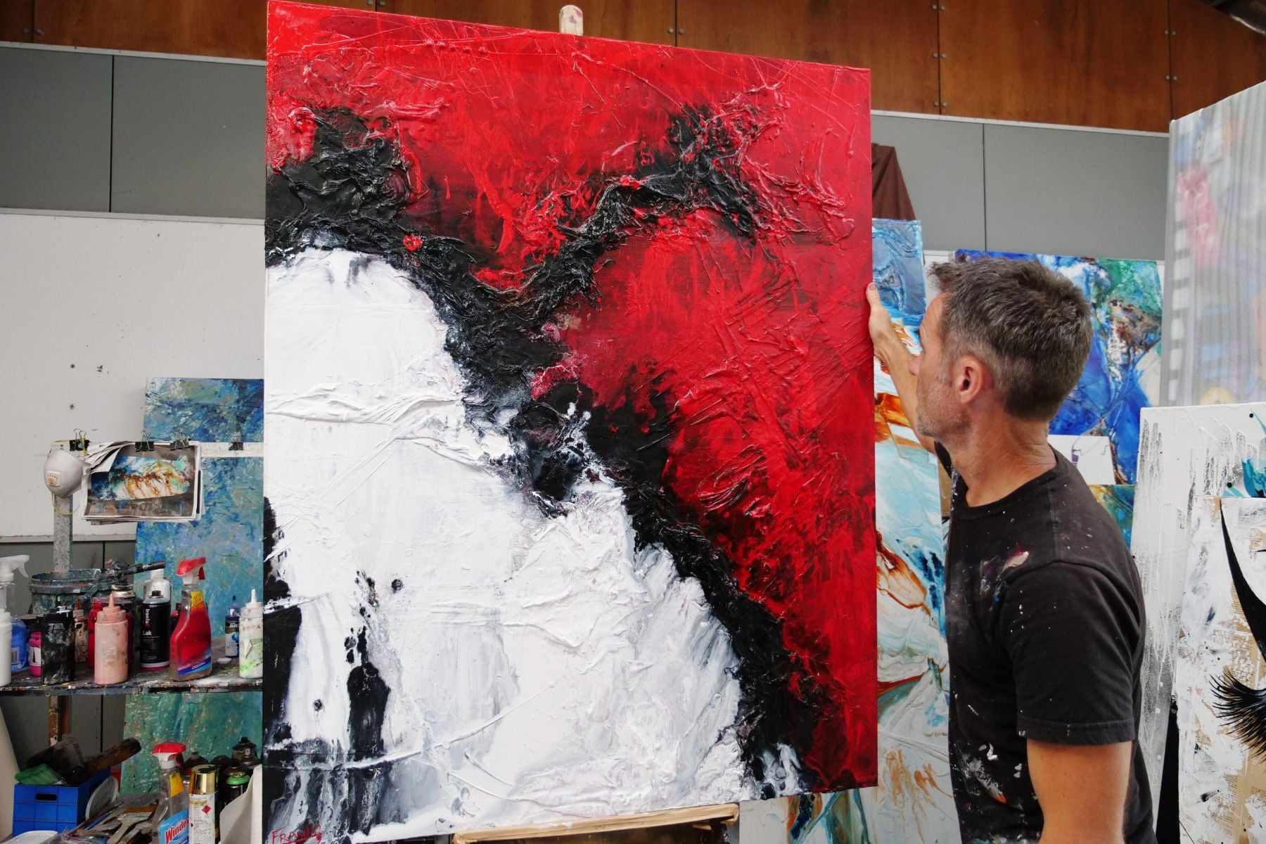 Scarlett Chemistry 120cm x 150cm Black White Red Textured Abstract Painting-Abstract-[Franko]-[Australian]-[Popular]-[Best Selling]-Franklin Art Studio