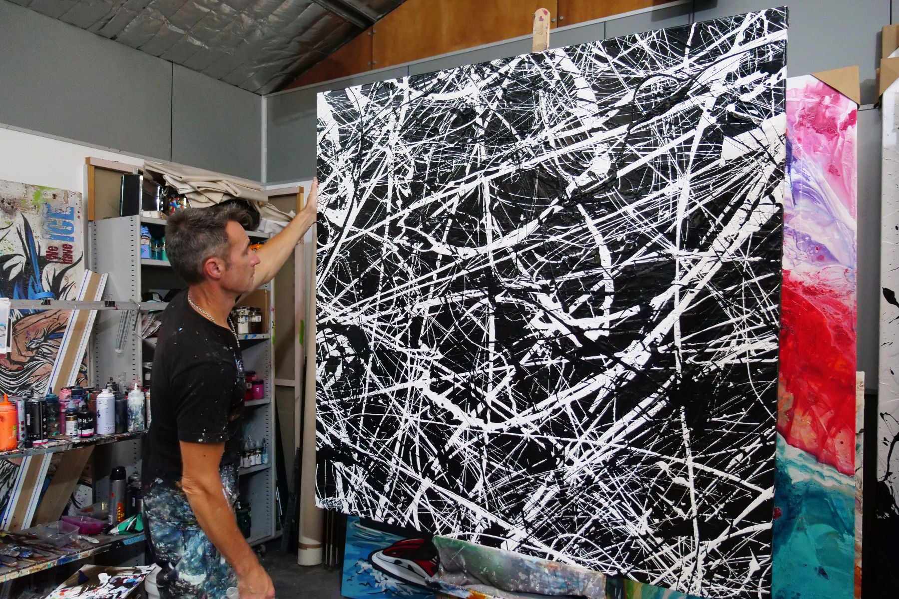 Scatter Brain Squared 150cm x 150cm Black White Textured Abstract Painting-Abstract-Franko-[franko_art]-[beautiful_Art]-[The_Block]-Franklin Art Studio